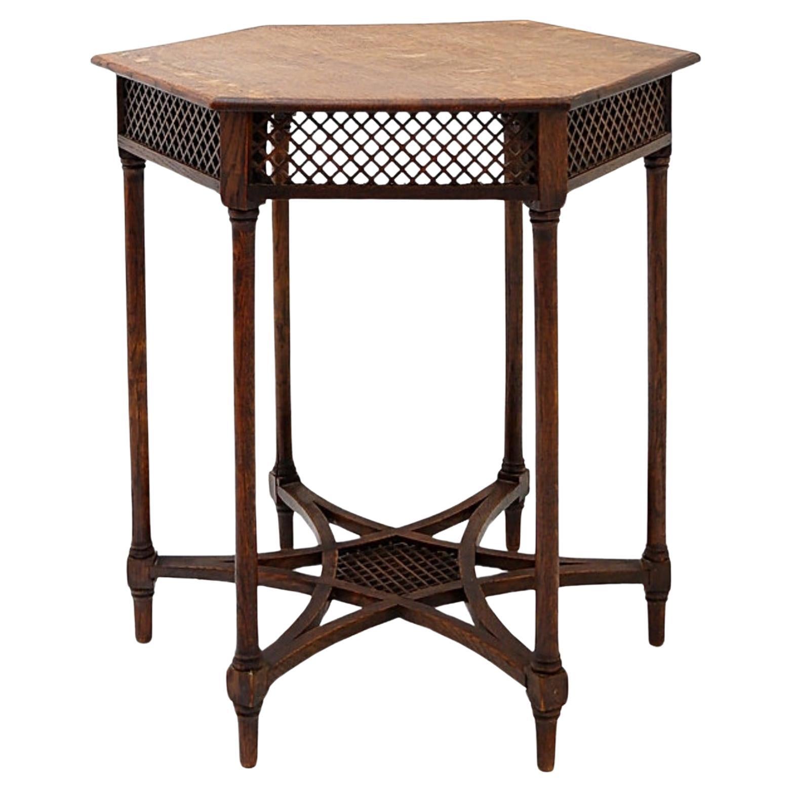 Hexagonal pedestal or side table with a trellis frame and star-shaped Hexagonal For Sale