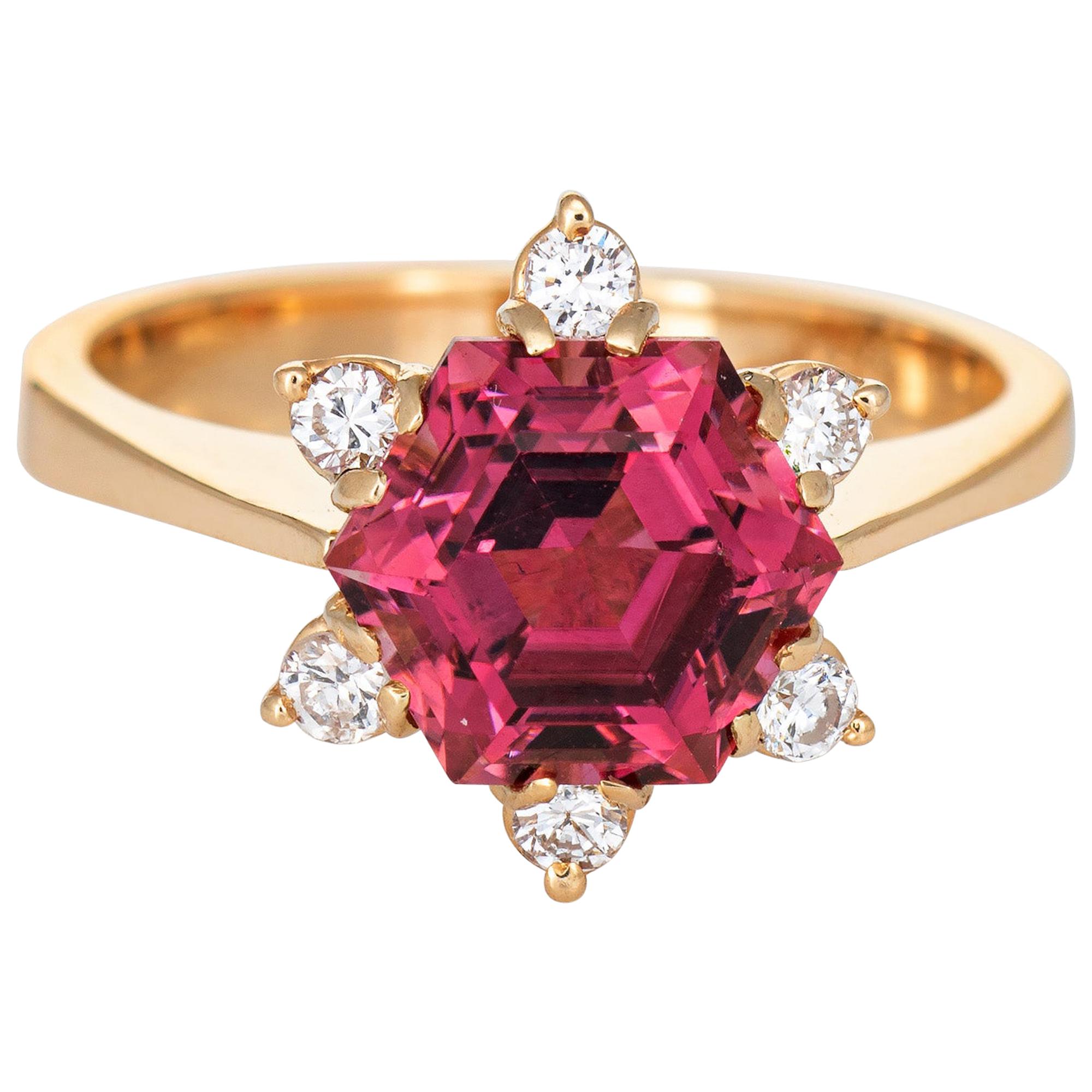 Hexagonal Pink Tourmaline Diamond Ring Vintage 18 Karat Gold Estate Jewelry