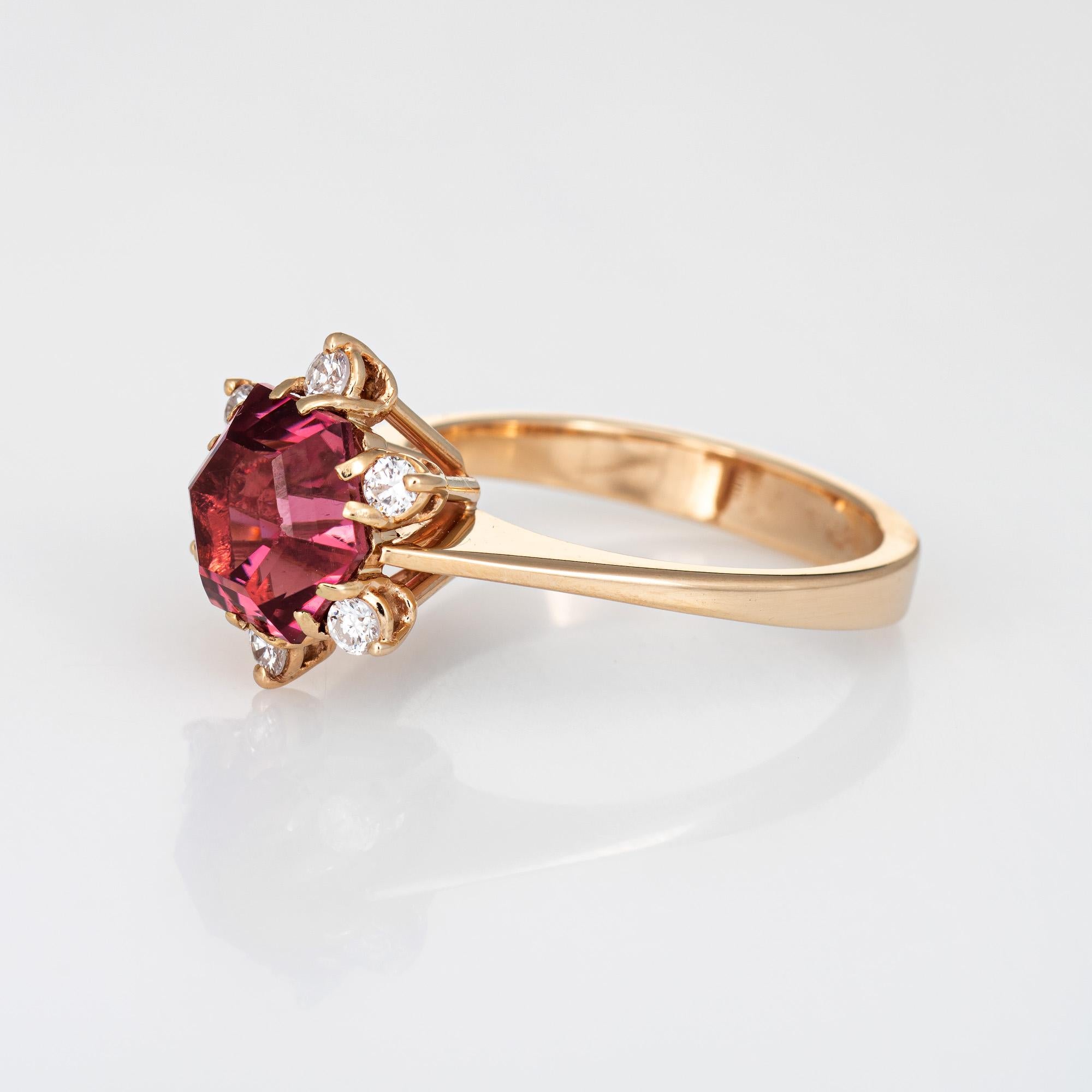 Modern Hexagonal Pink Tourmaline Diamond Ring Vintage 18 Karat Gold Estate Jewelry