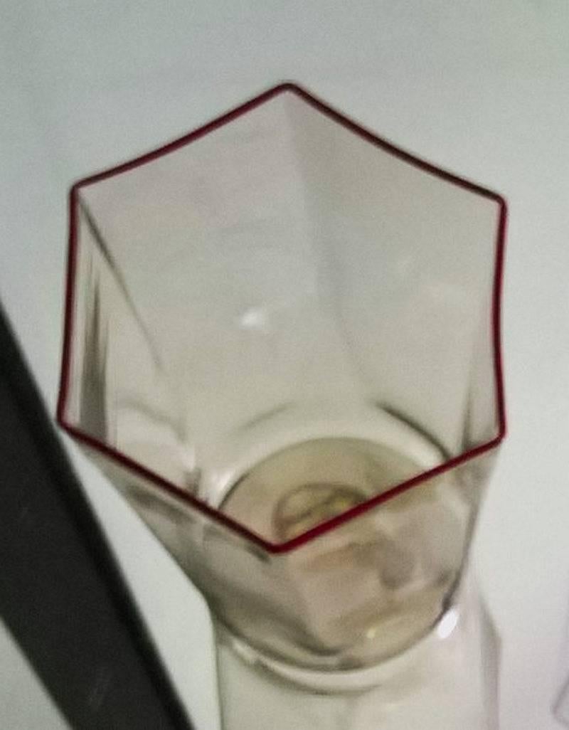Hexagonal Pitcher Pagliesco , Liliac Rim, including 12 water glass with red rim 4