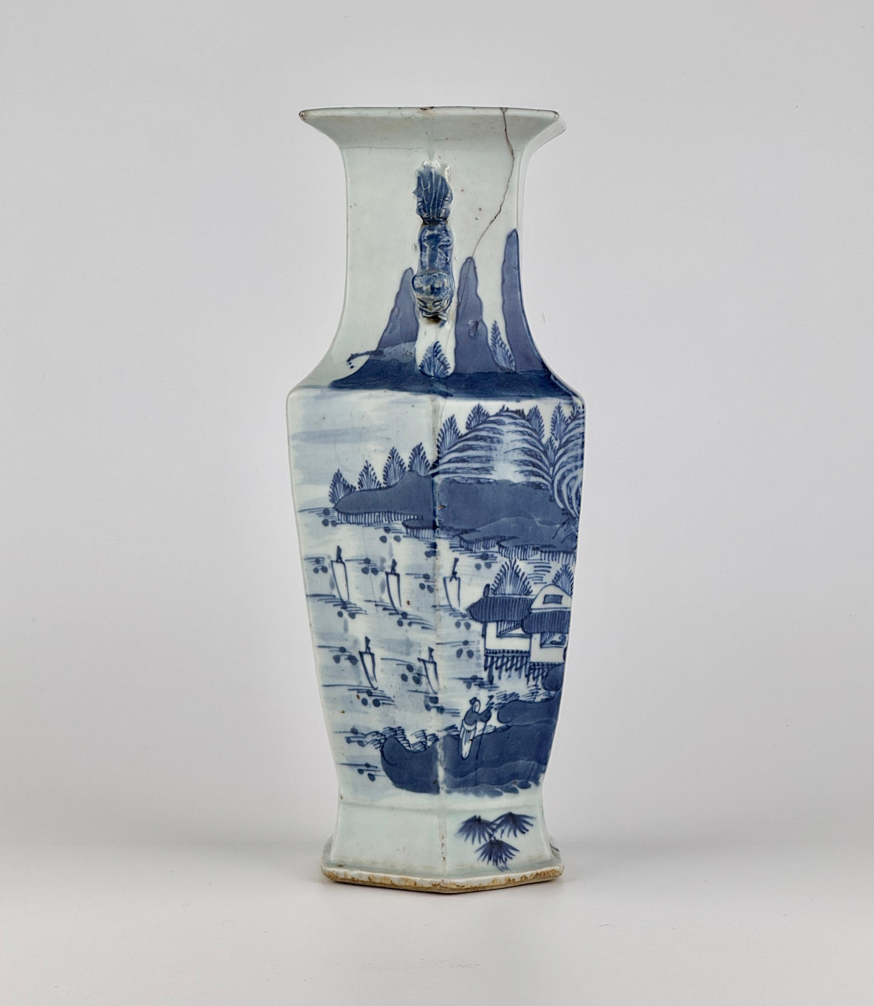 Glazed Hexagonal Porcelain Vase with Landscape Decoration, Late Qing Dynasty For Sale