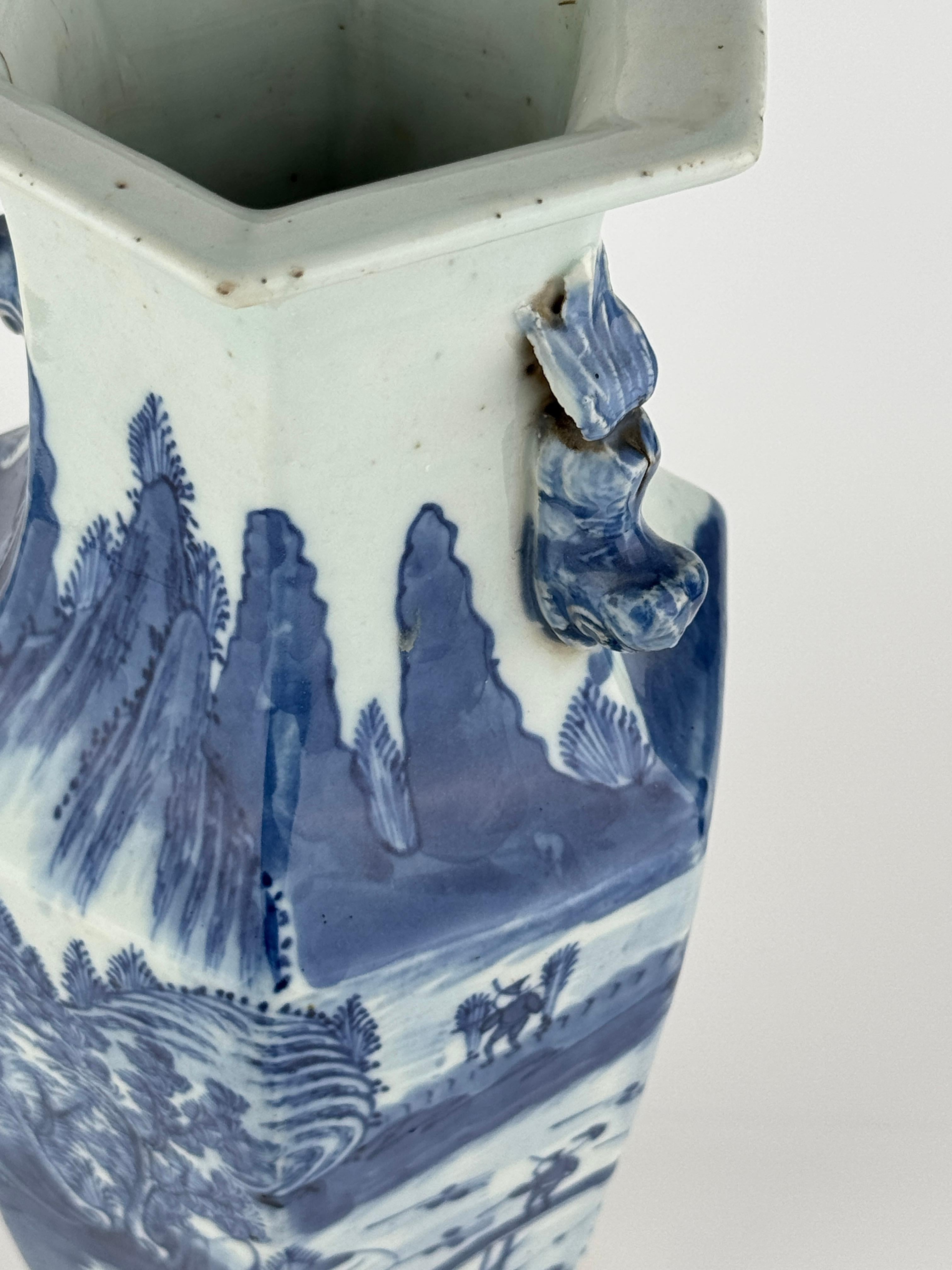 19th Century Hexagonal Porcelain Vase with Landscape Decoration, Late Qing Dynasty For Sale