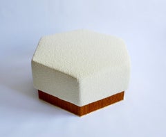 Hexagonal Pouf in Soft White Boucle with Wooden Base, Italy
