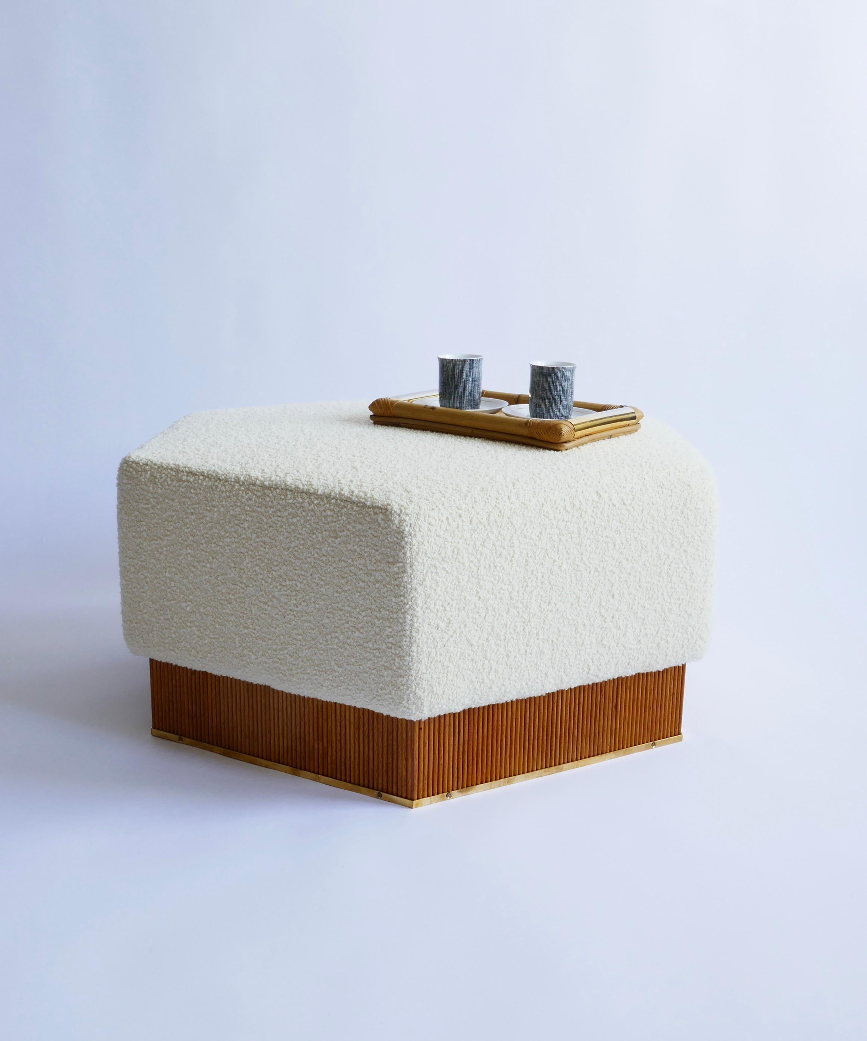 Contemporary Hexagonal Pouf in Soft White Boucle with Wooden Base, Italy