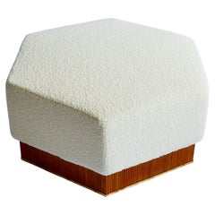 Hexagonal Pouf in Soft White Boucle with Wooden Base, Italy