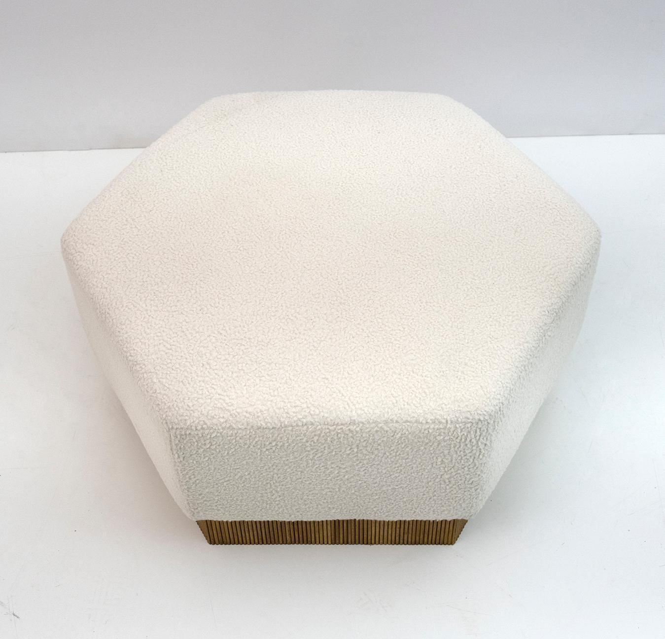 Mid-Century Modern Hexagonal Pouf in Soft White Boucle with Wooden Base, Italy