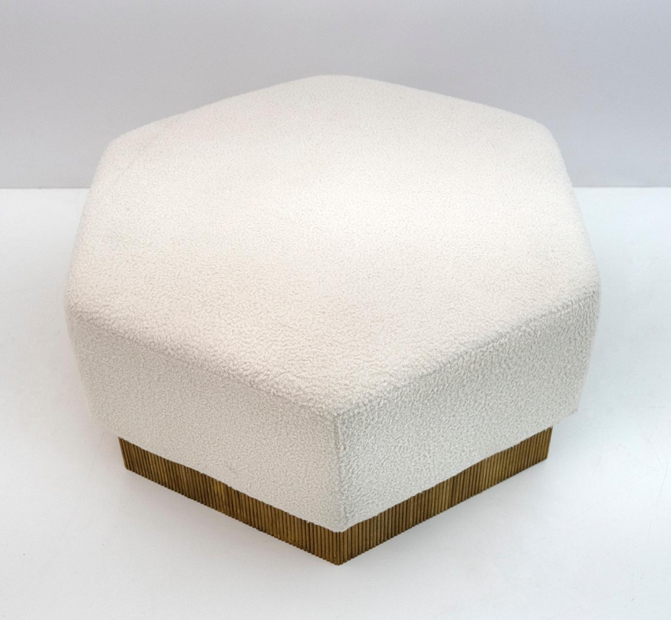 Italian Hexagonal Pouf in Soft White Boucle with Wooden Base, Italy