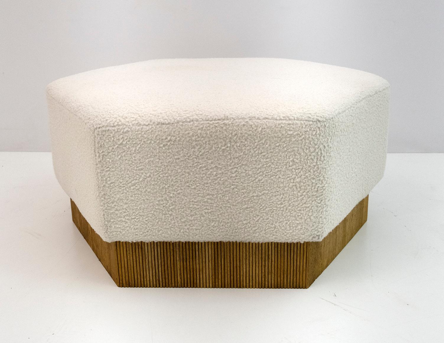Late 20th Century Hexagonal Pouf in Soft White Boucle with Wooden Base, Italy