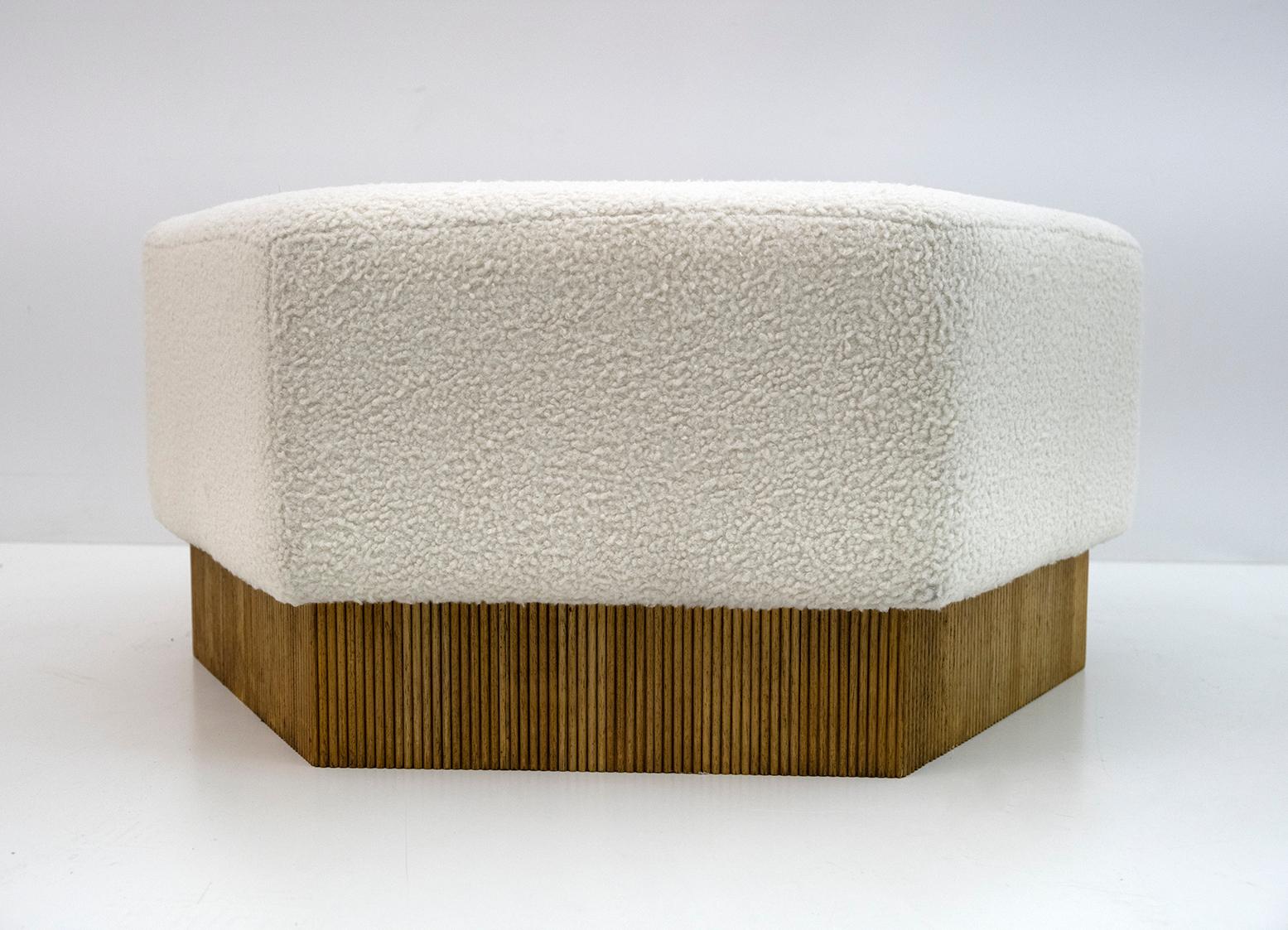 Bouclé Hexagonal Pouf in Soft White Boucle with Wooden Base, Italy