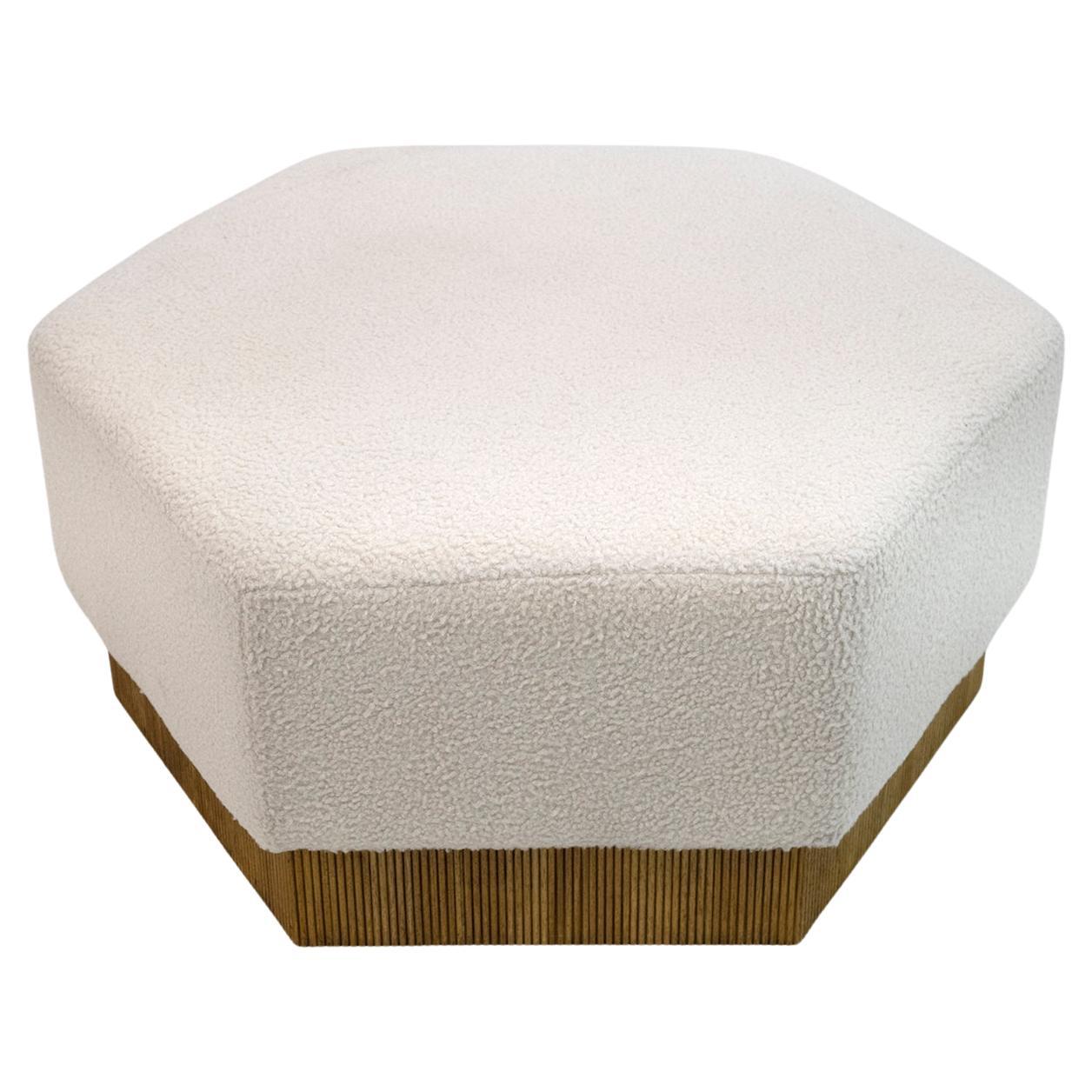 Hexagonal Pouf in Soft White Boucle with Wooden Base, Italy