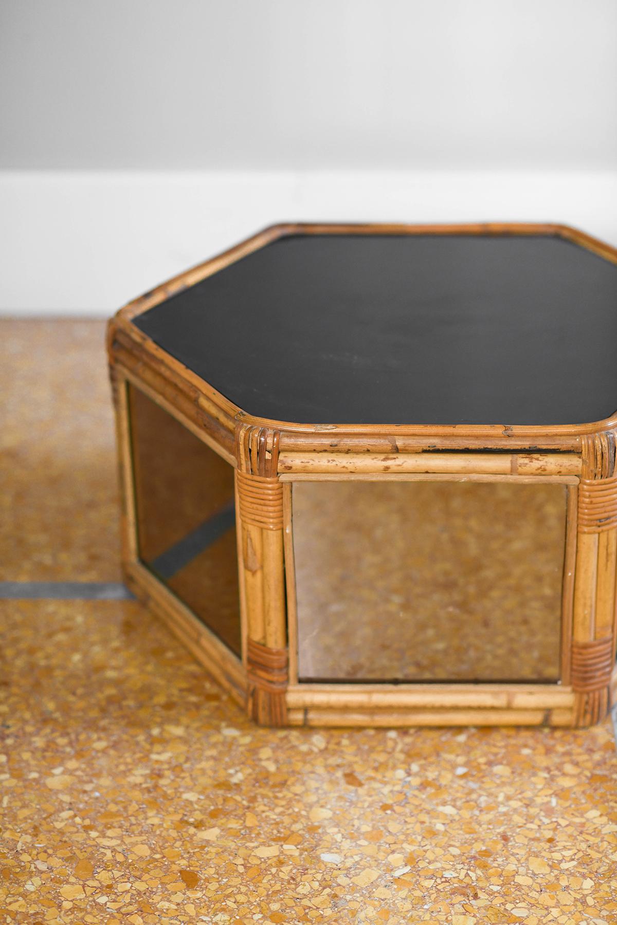 Italian Hexagonal rattan coffee table, smoked mirrored glass and black methacrylate For Sale