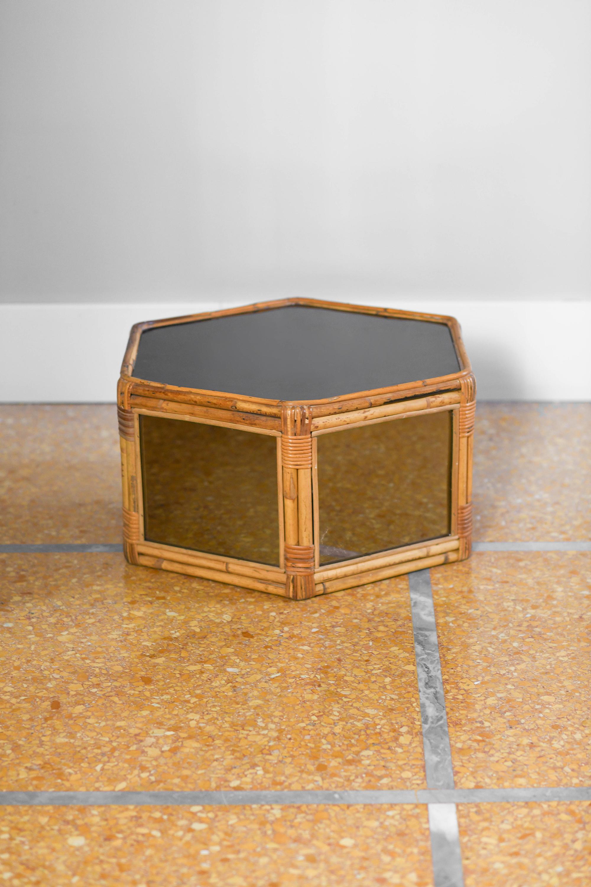 Rush Hexagonal rattan coffee table, smoked mirrored glass and black methacrylate For Sale