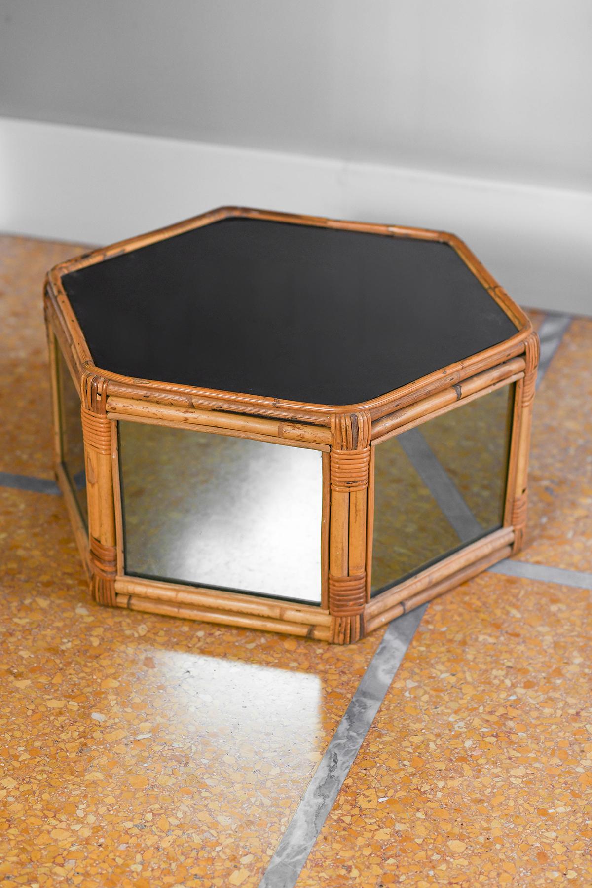 Hexagonal rattan coffee table, smoked mirrored glass and black methacrylate For Sale 1