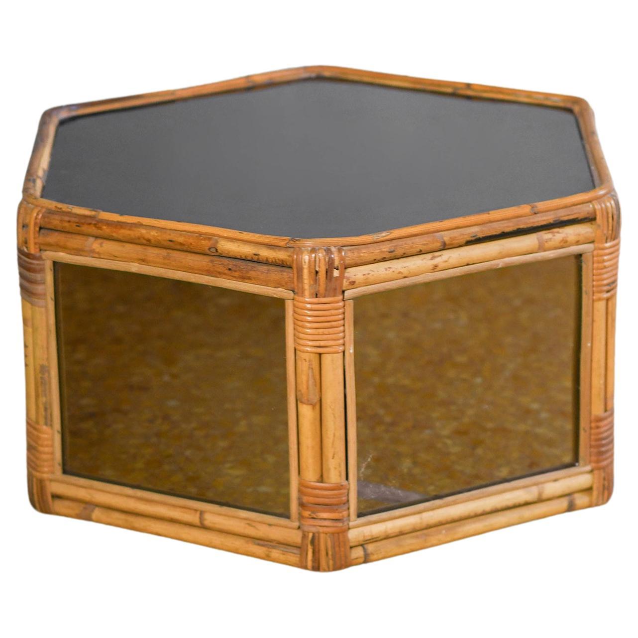 Hexagonal rattan coffee table, smoked mirrored glass and black methacrylate For Sale