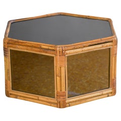 Vintage Hexagonal rattan coffee table, smoked mirrored glass and black methacrylate
