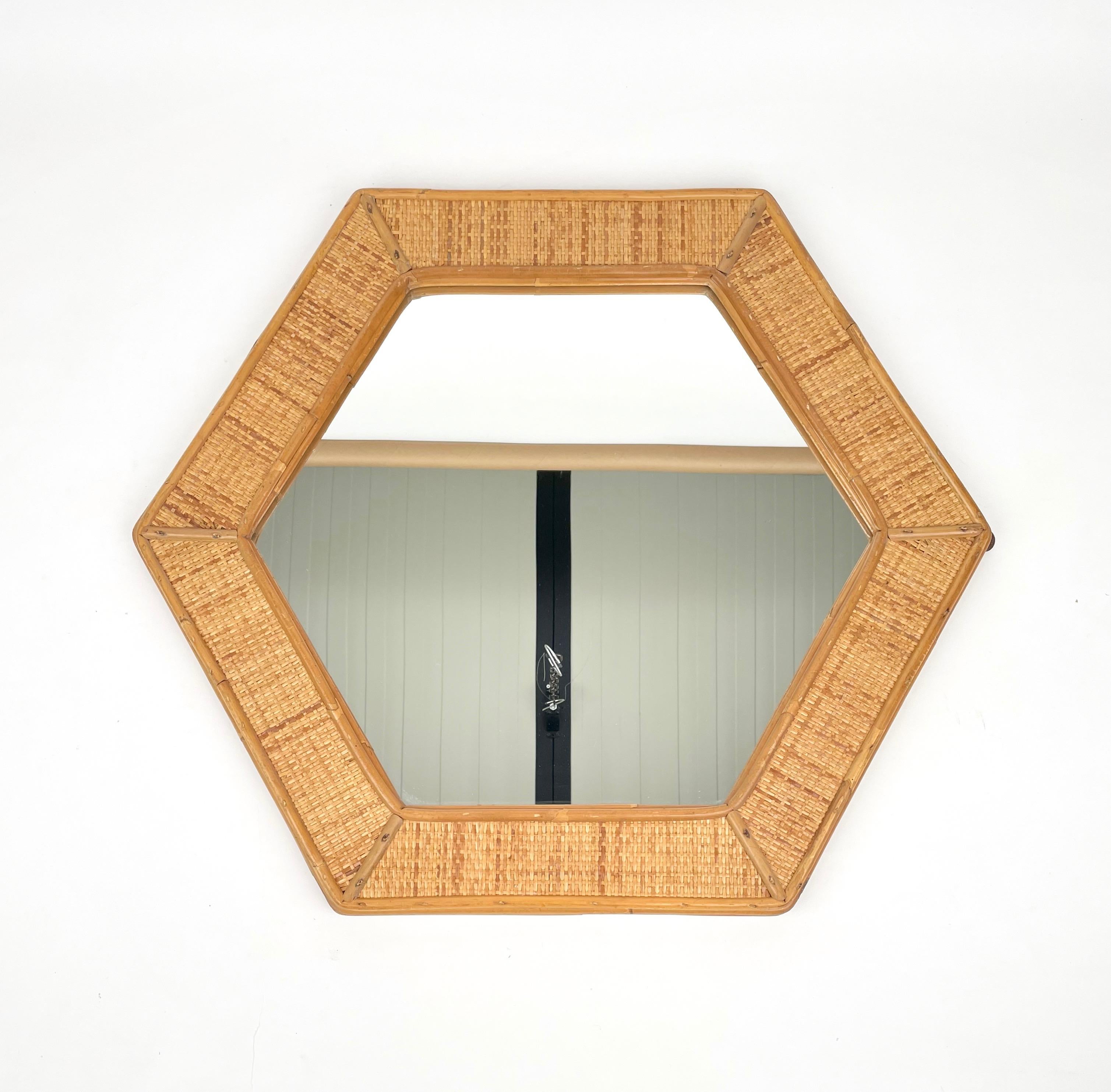 Italian Hexagonal Rattan Wall Mirror, Italy, 1970s