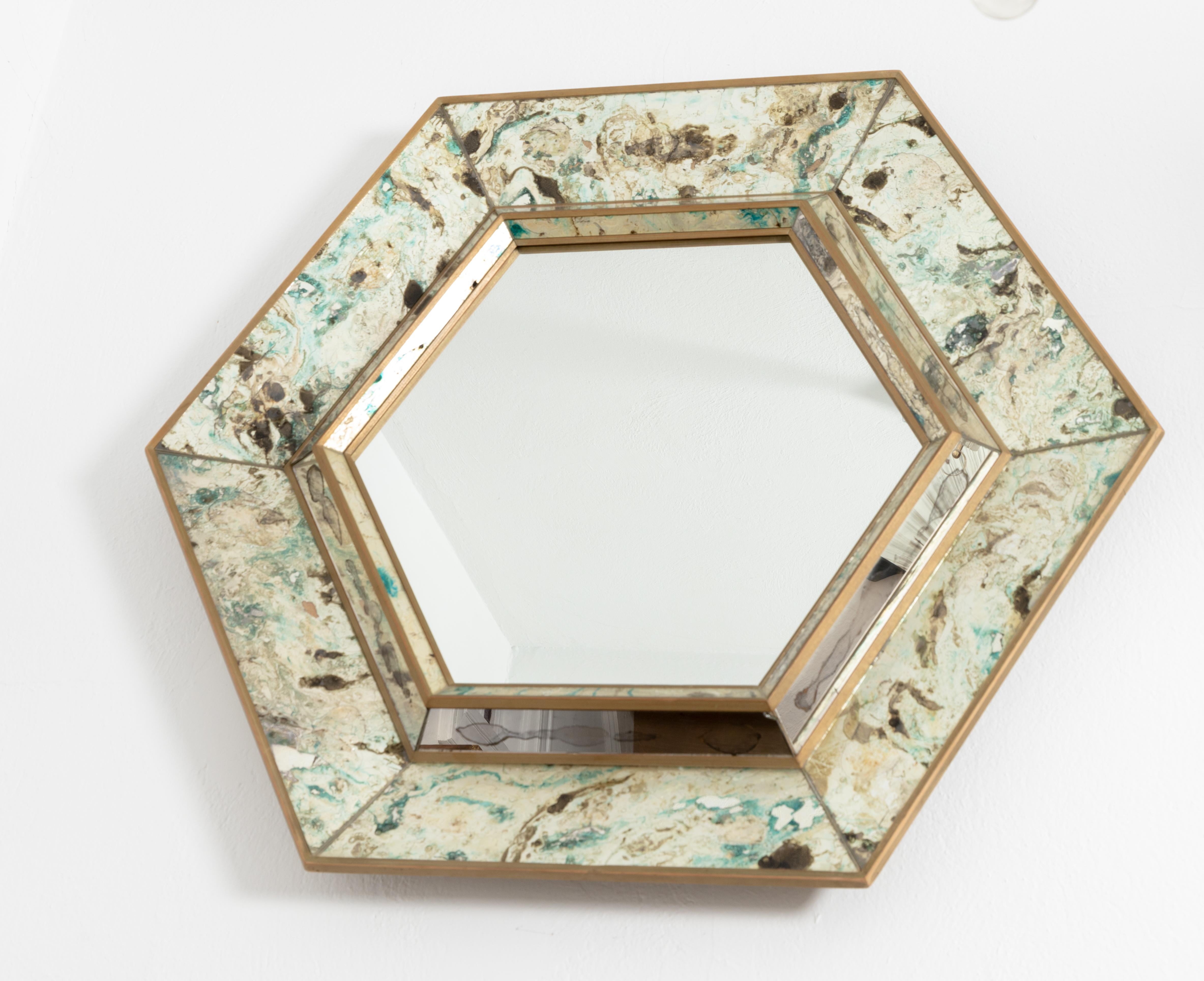 Mid-Century Modern Hexagonal Reverse Painted Mirror For Sale