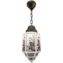 Antique Hexagonal Shape 1930s Art Deco Opaline Glass Shade and Brass Chain Pendant Light