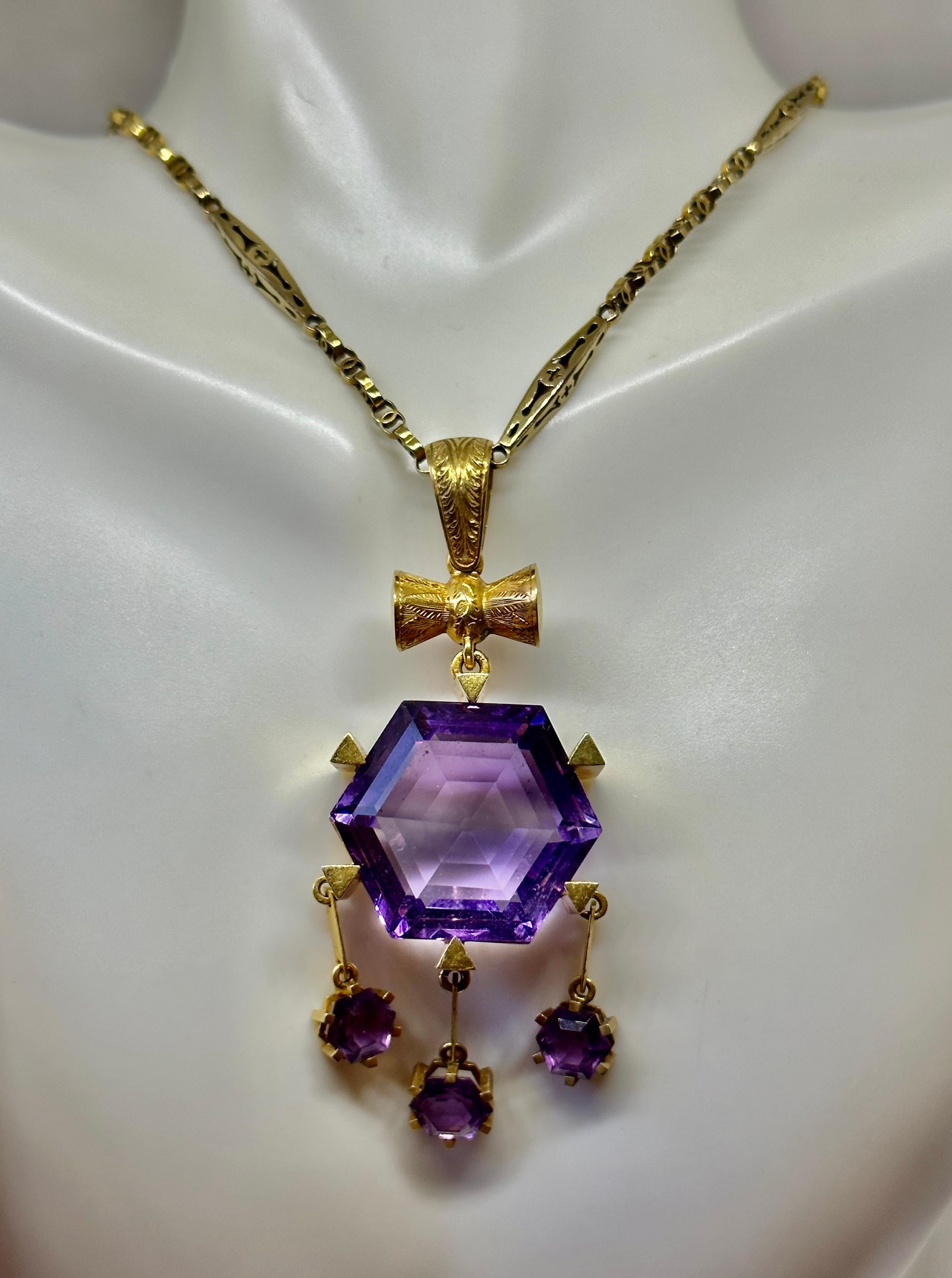 Hexagonal Siberian Amethyst Pendant Necklace Antique Victorian 14 Karat Gold 5
