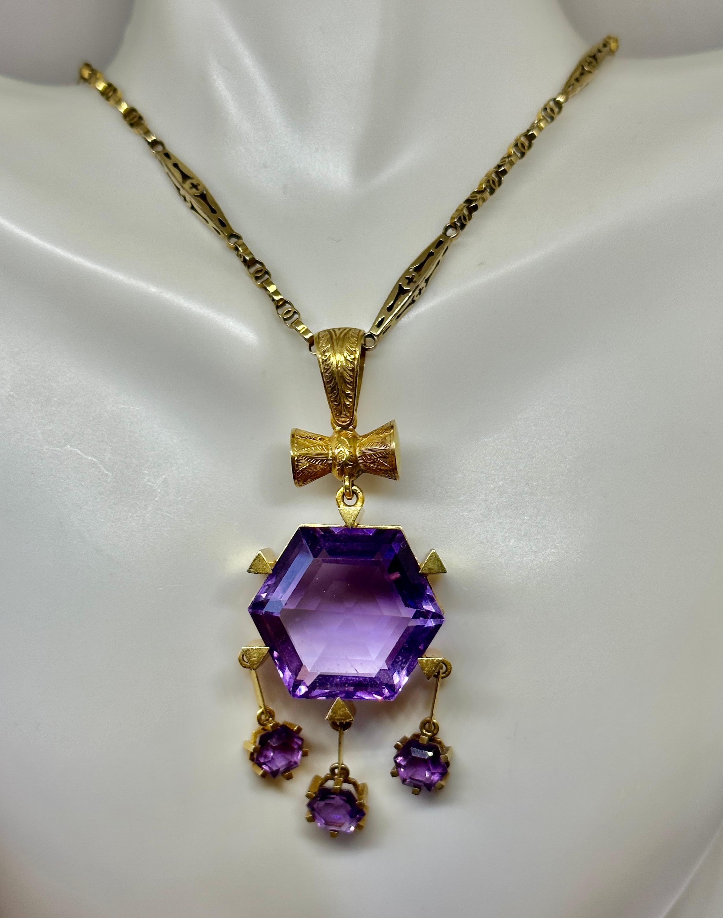 Hexagonal Siberian Amethyst Pendant Necklace Antique Victorian 14 Karat Gold 6
