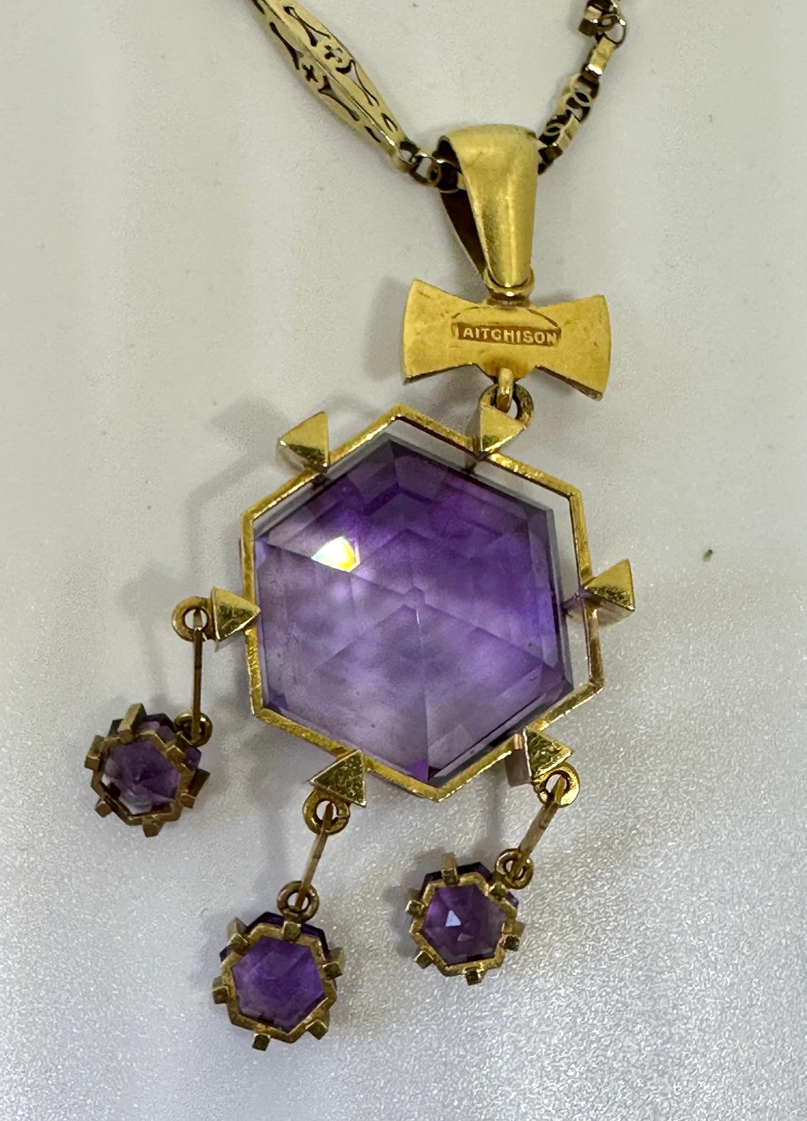 Hexagonal Siberian Amethyst Pendant Necklace Antique Victorian 14 Karat Gold 8