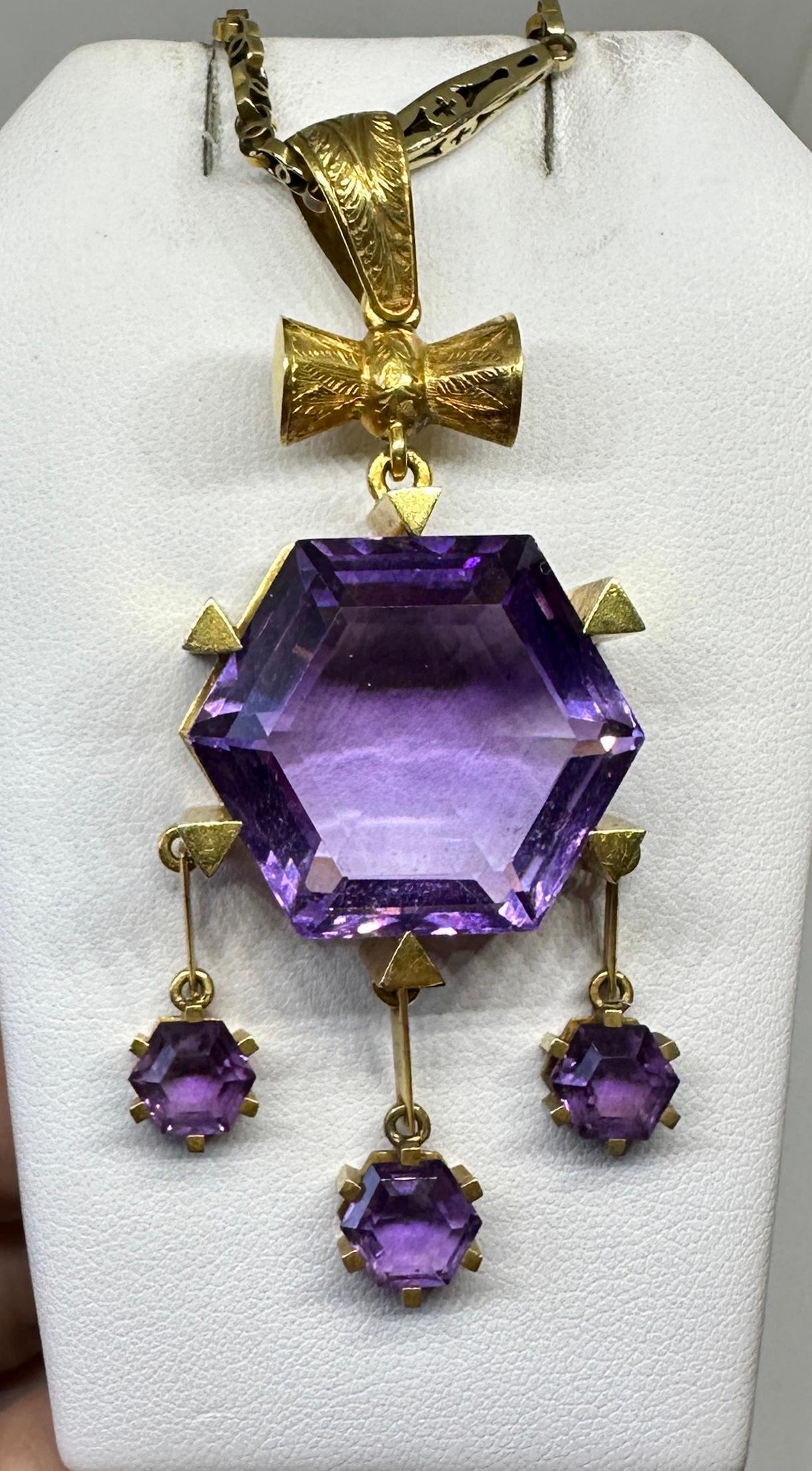 Hexagonal Siberian Amethyst Pendant Necklace Antique Victorian 14 Karat Gold 9