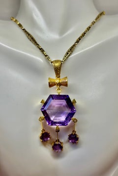 Sechseckiger sibirischer Amethyst Anhänger Halskette antik viktorianisch 14 Karat Gold