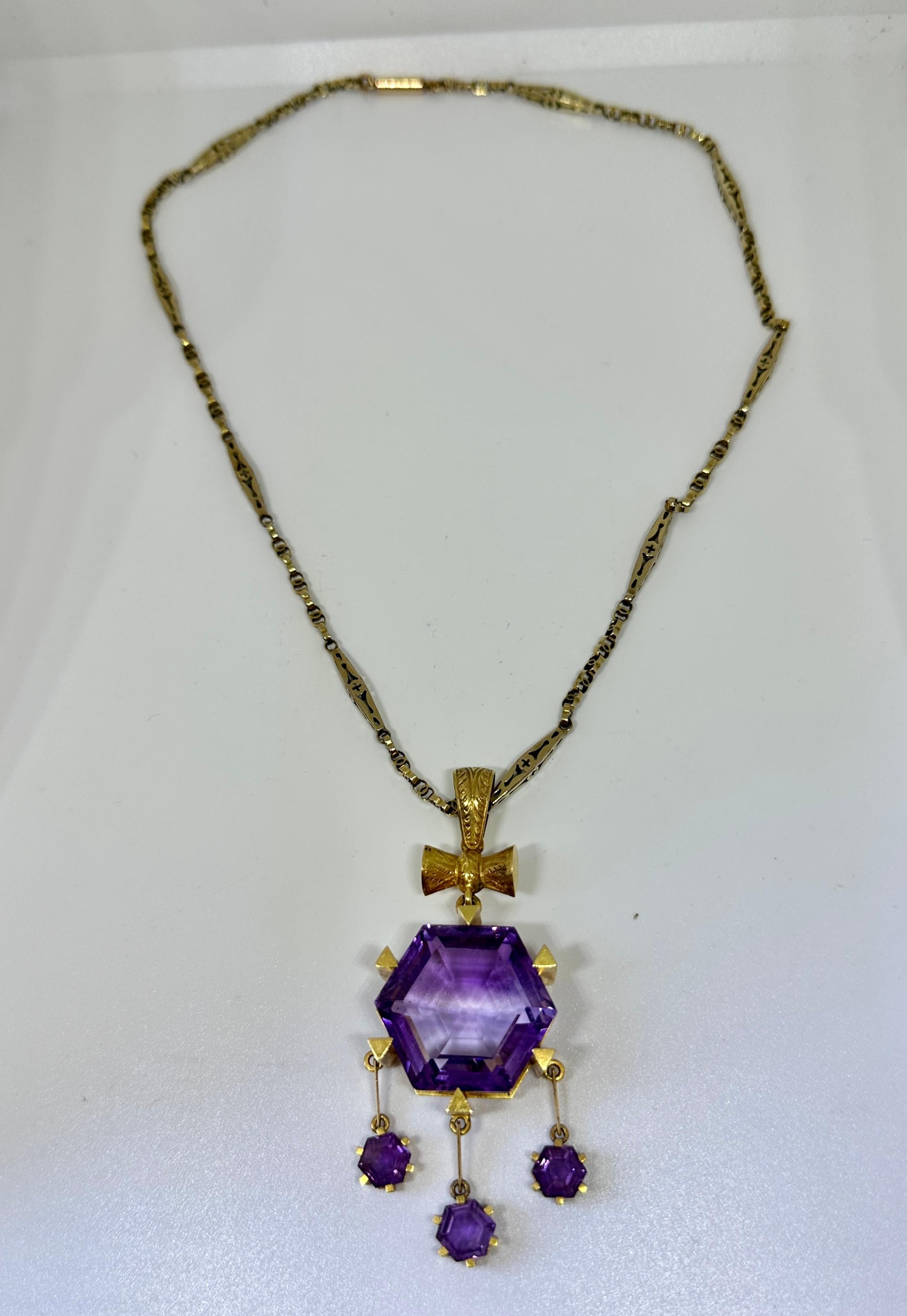 Women's or Men's Hexagonal Siberian Amethyst Pendant Necklace Antique Victorian 14 Karat Gold