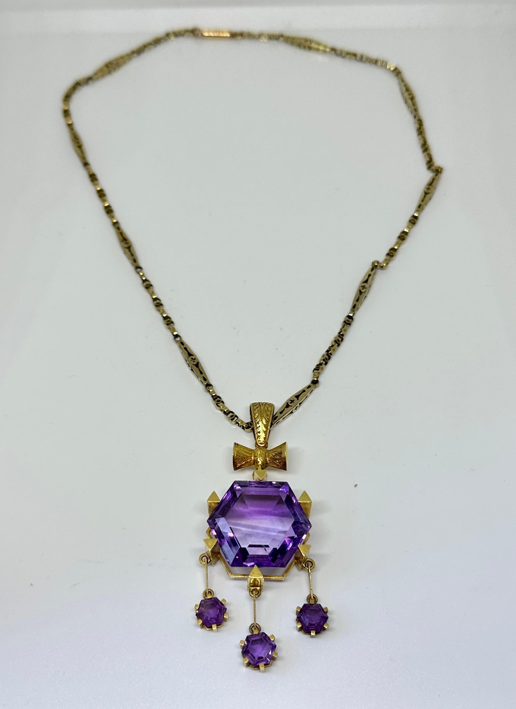 Hexagonal Siberian Amethyst Pendant Necklace Antique Victorian 14 Karat Gold 2