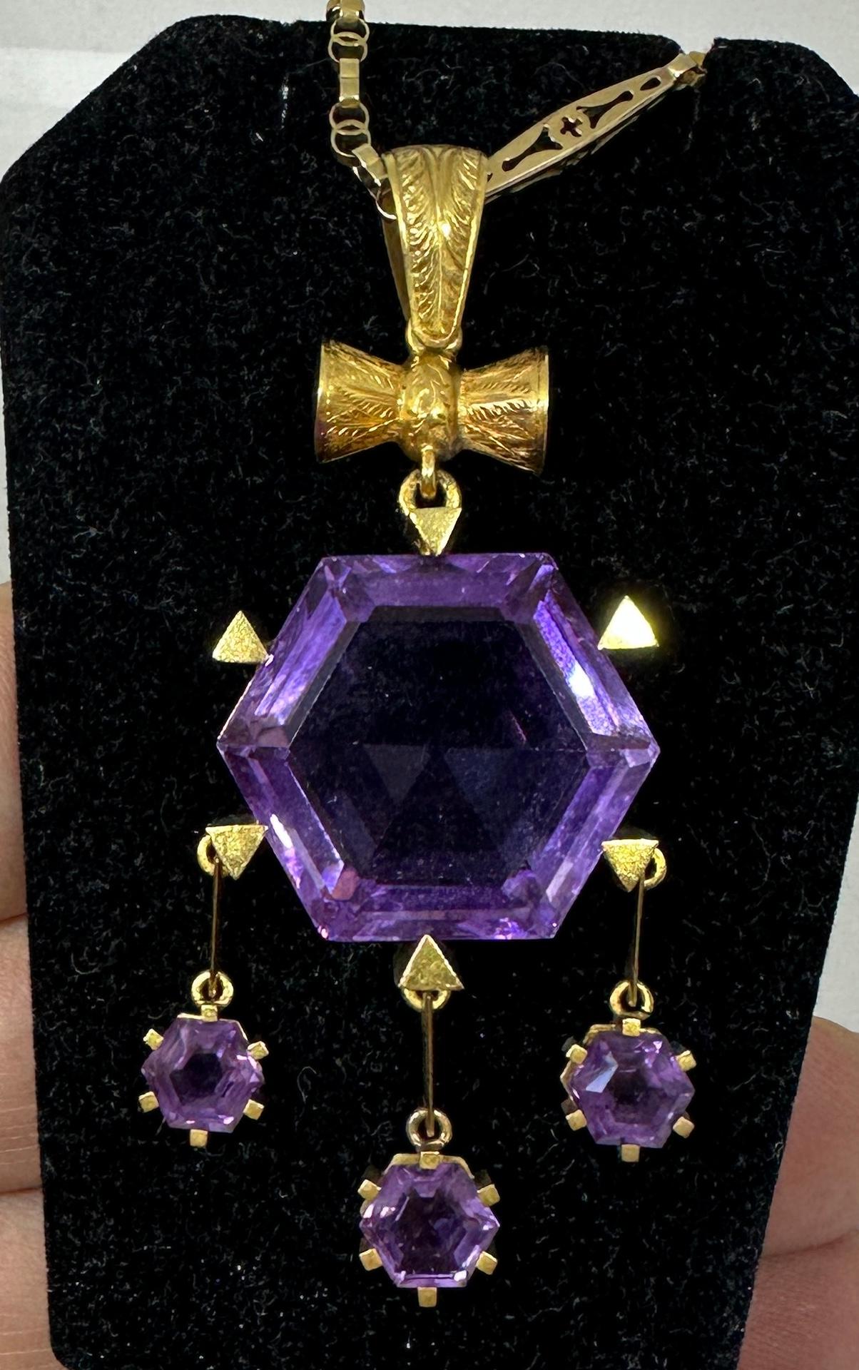 Hexagonal Siberian Amethyst Pendant Necklace Antique Victorian 14 Karat Gold 3