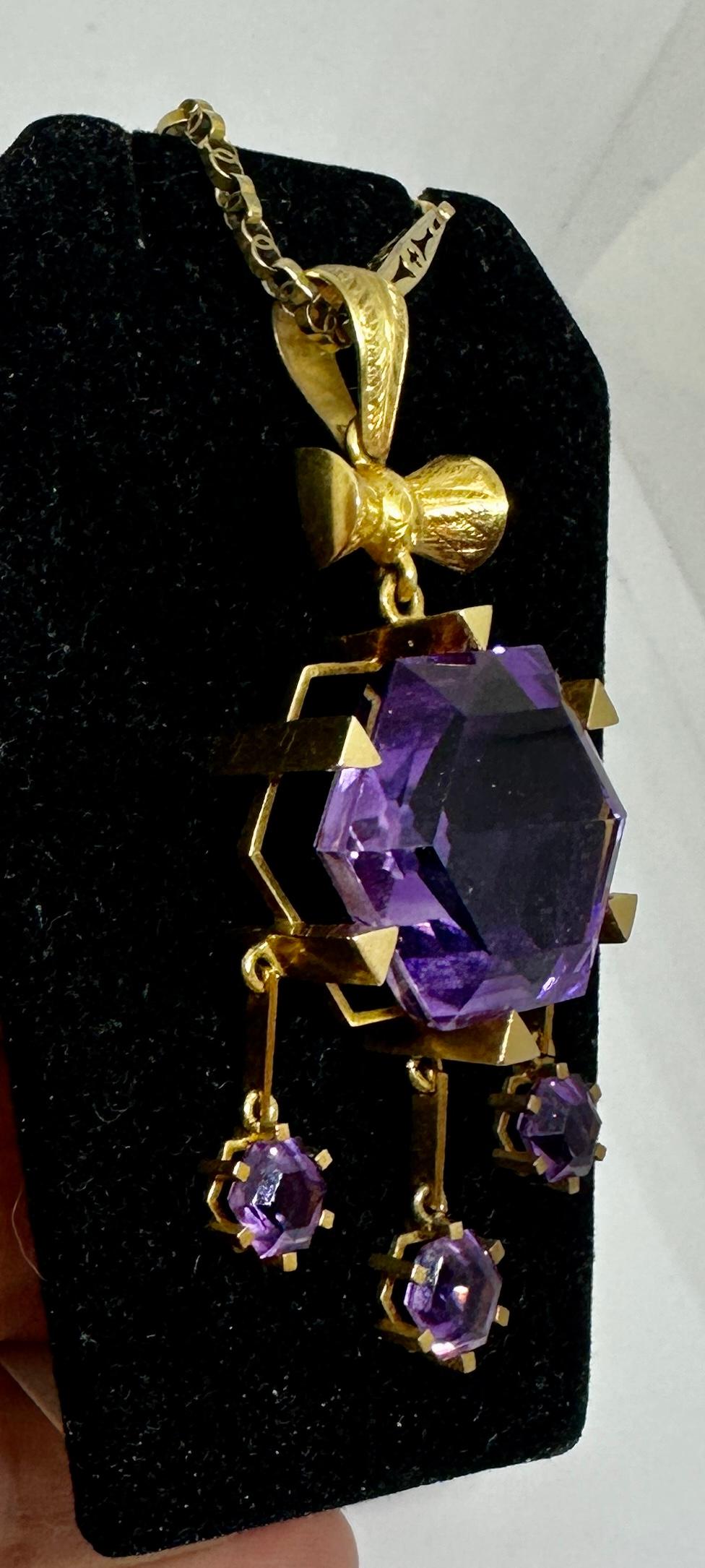 Hexagonal Siberian Amethyst Pendant Necklace Antique Victorian 14 Karat Gold 4