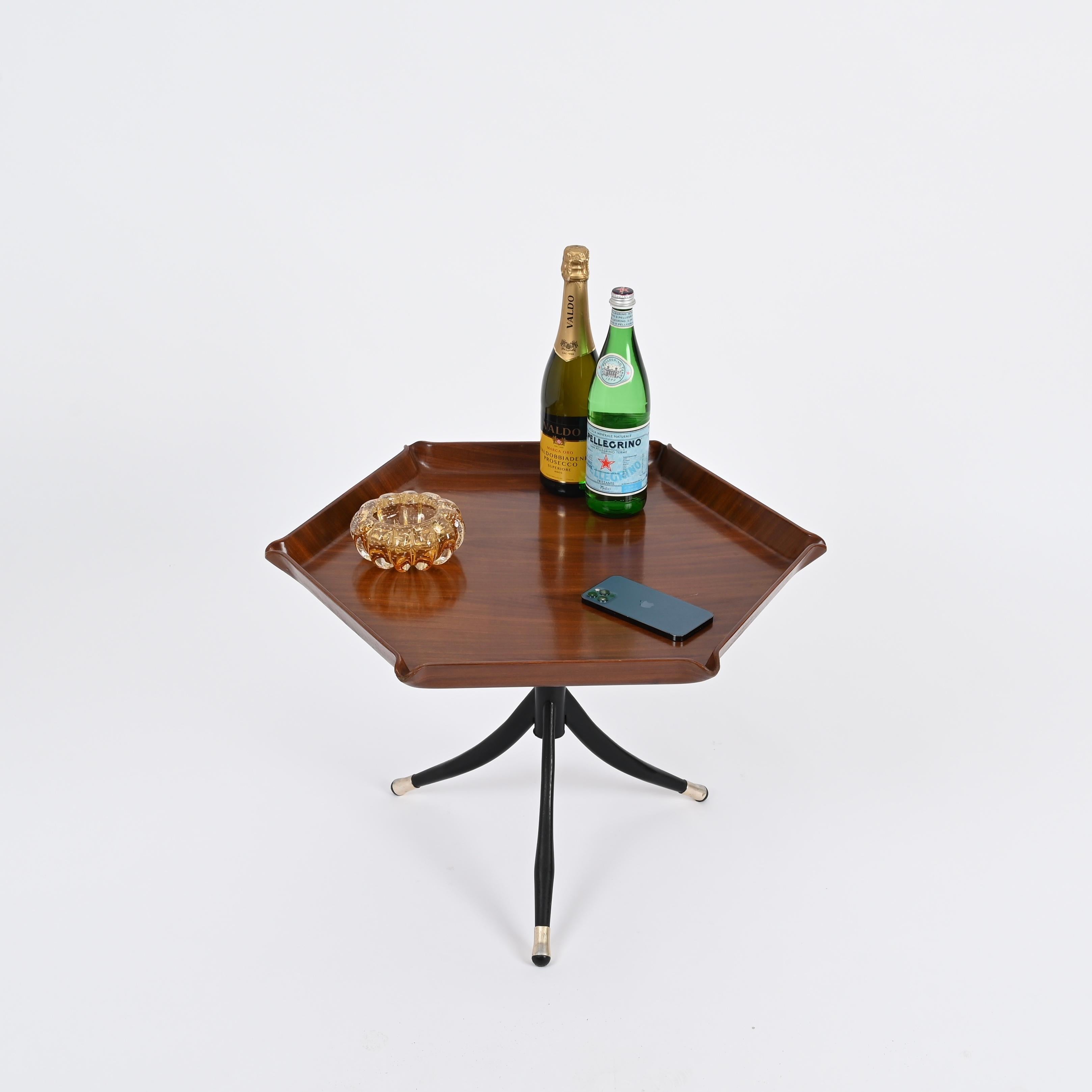 Table d'appoint hexagonale en teck cintré et métal par Campo e Graffi, Italie, années 1960 en vente 10