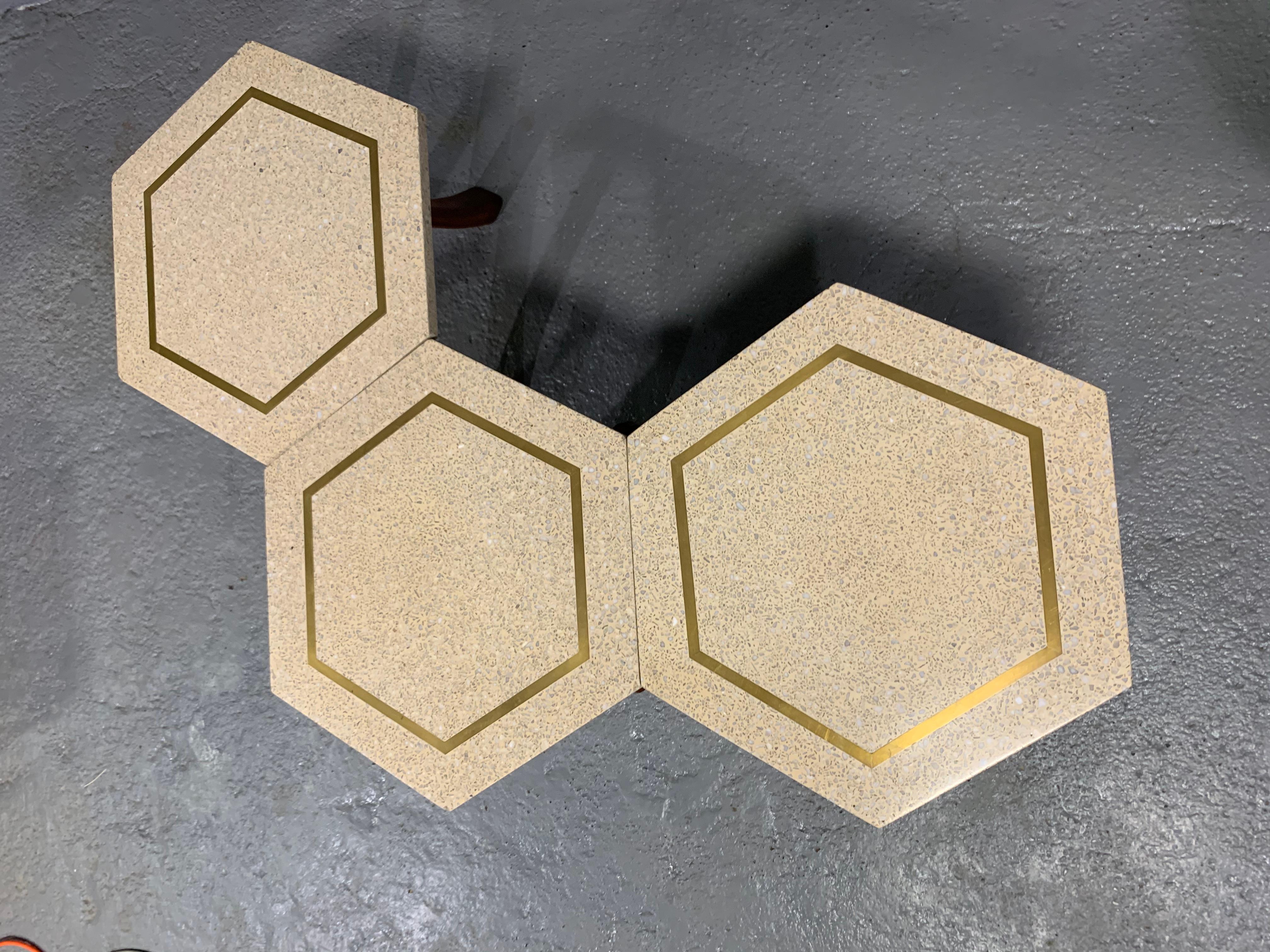 Hexagonal Side Table Set by Harvey Probber with Terrazzo Stone Top, Brass Inlay 3