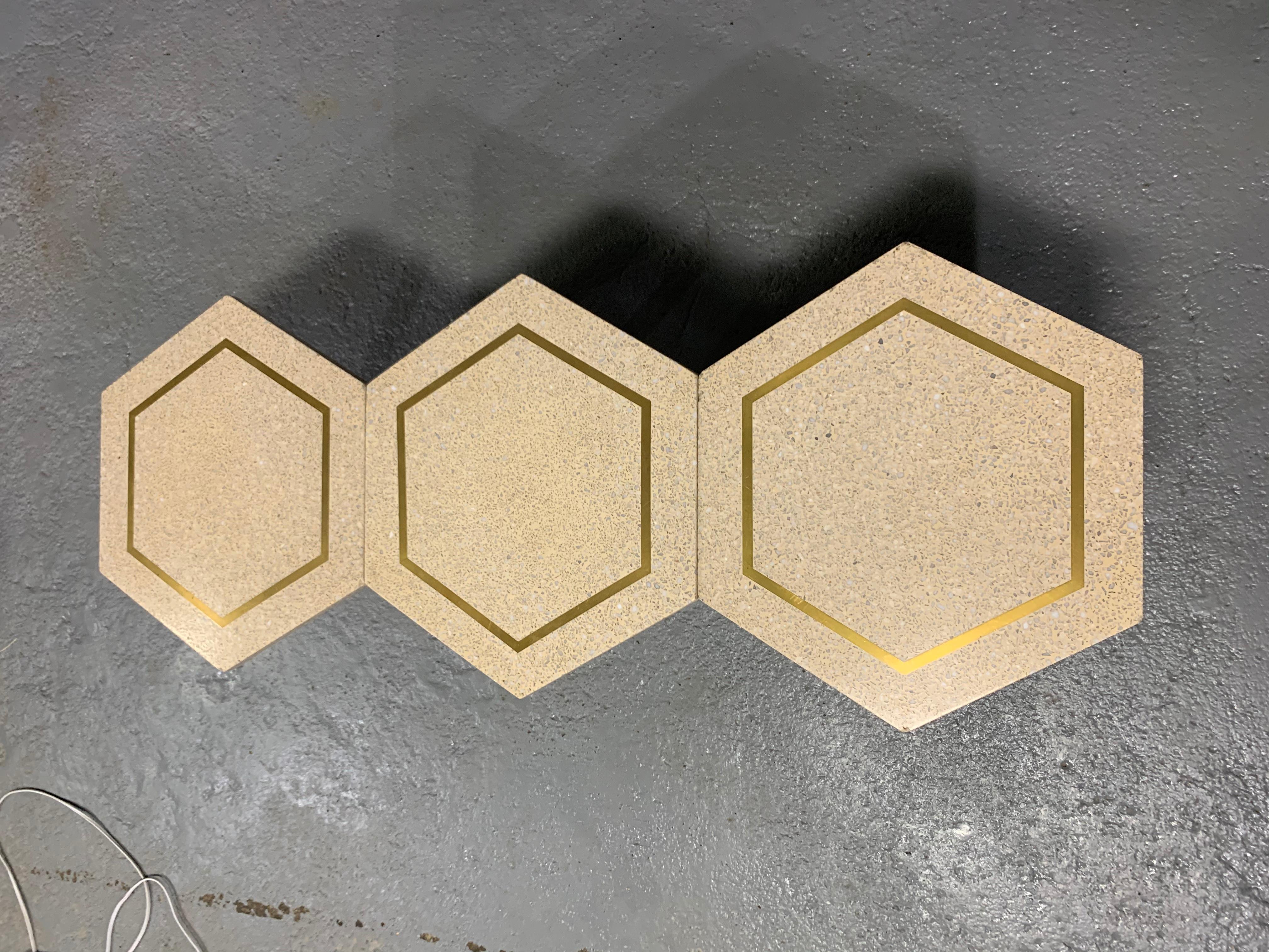 Hexagonal Side Table Set by Harvey Probber with Terrazzo Stone Top, Brass Inlay 4