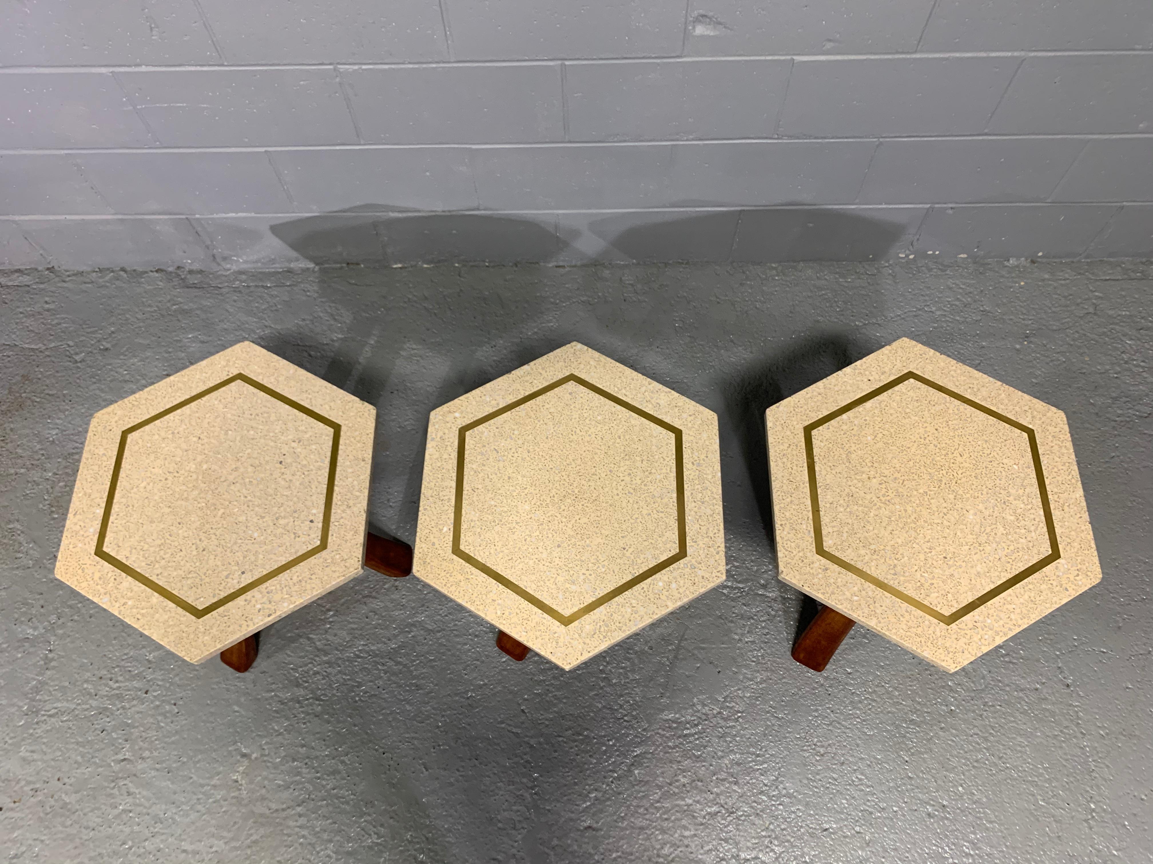 Mid-Century Modern Hexagonal Side Table Set by Harvey Probber with Terrazzo Stone Top, Brass Inlay