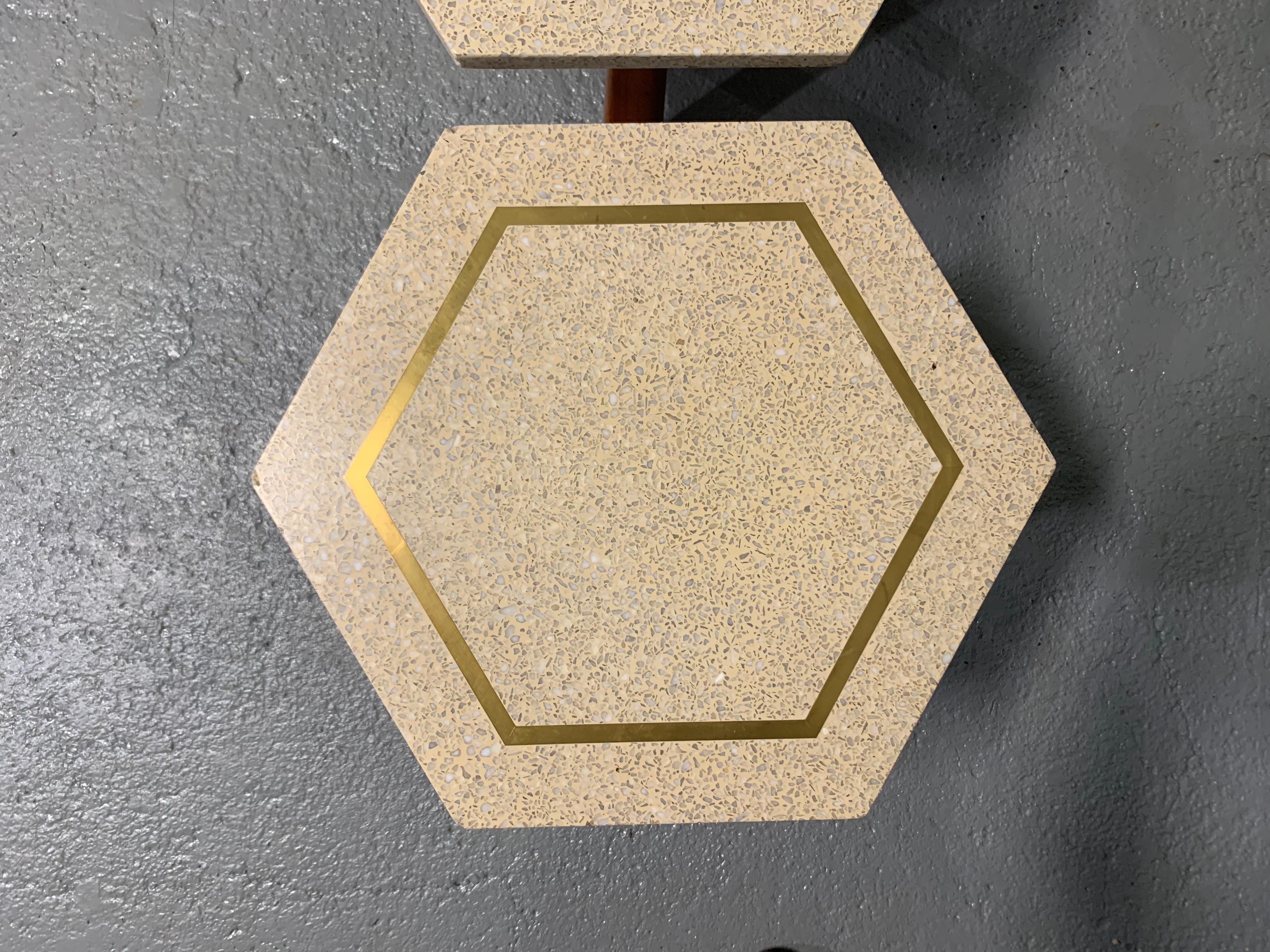 American Hexagonal Side Table Set by Harvey Probber with Terrazzo Stone Top, Brass Inlay