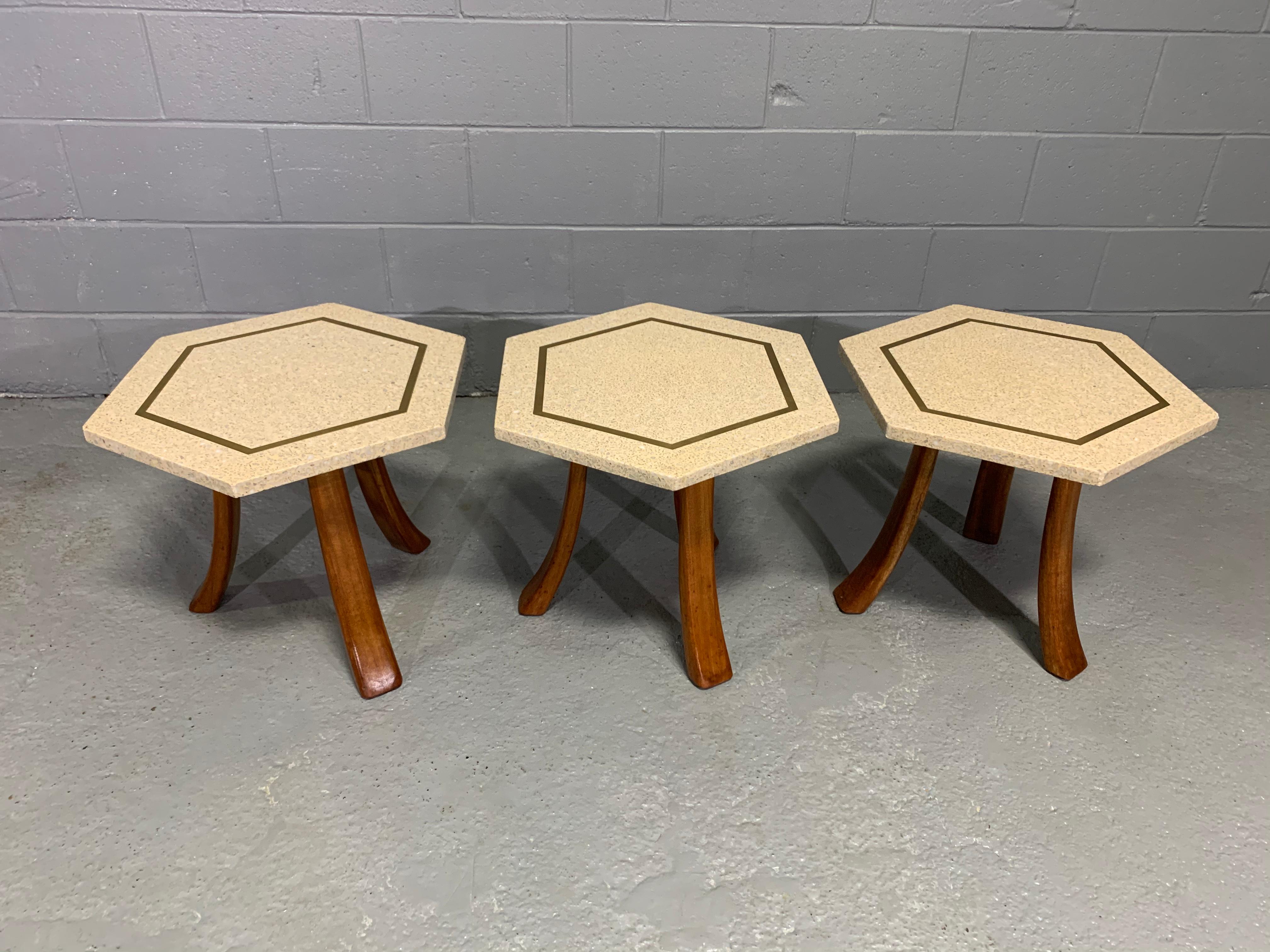 Hexagonal Side Table Set by Harvey Probber with Terrazzo Stone Top, Brass Inlay In Good Condition In Belmont, MA
