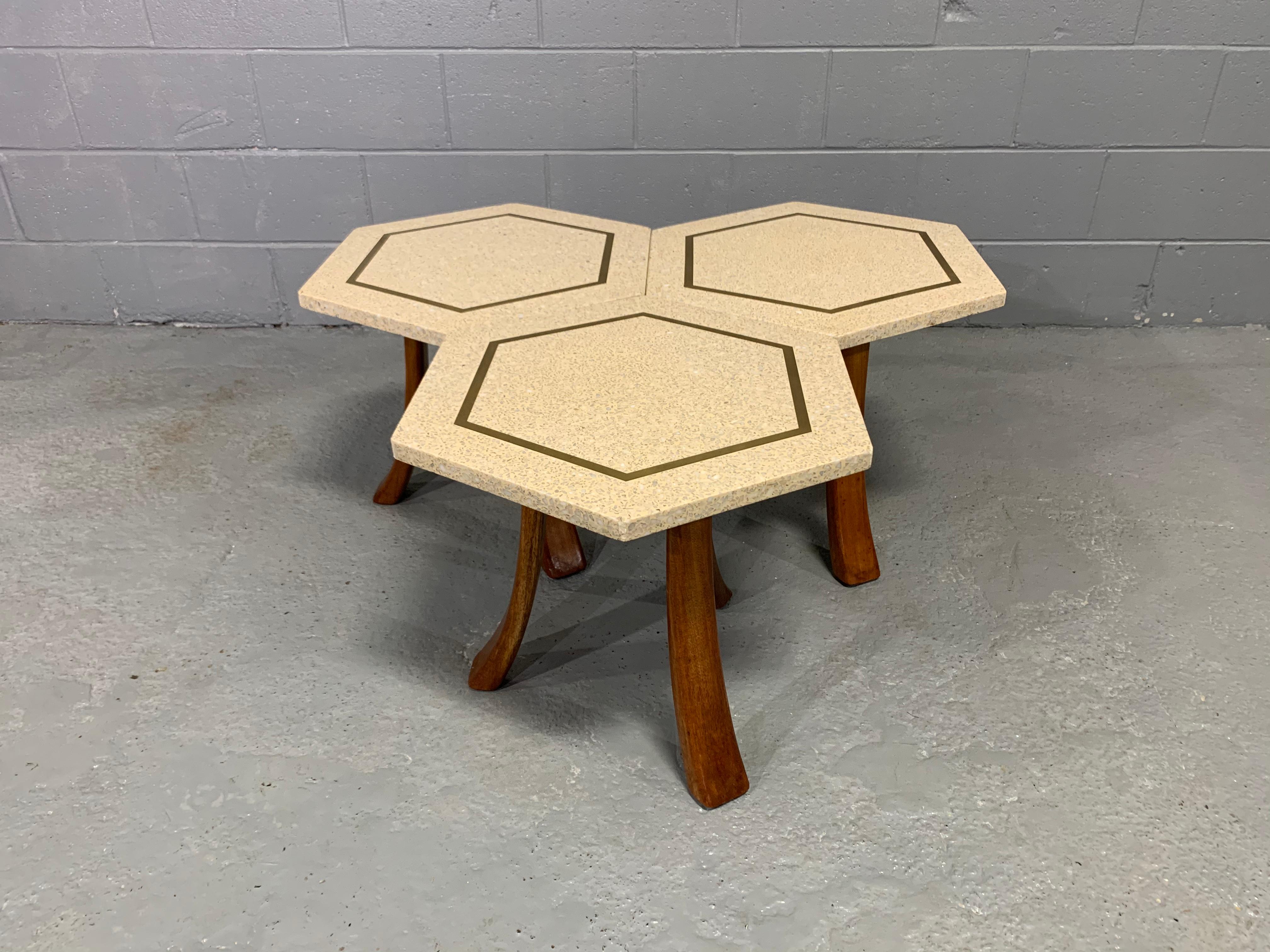 Mid-20th Century Hexagonal Side Table Set by Harvey Probber with Terrazzo Stone Top, Brass Inlay