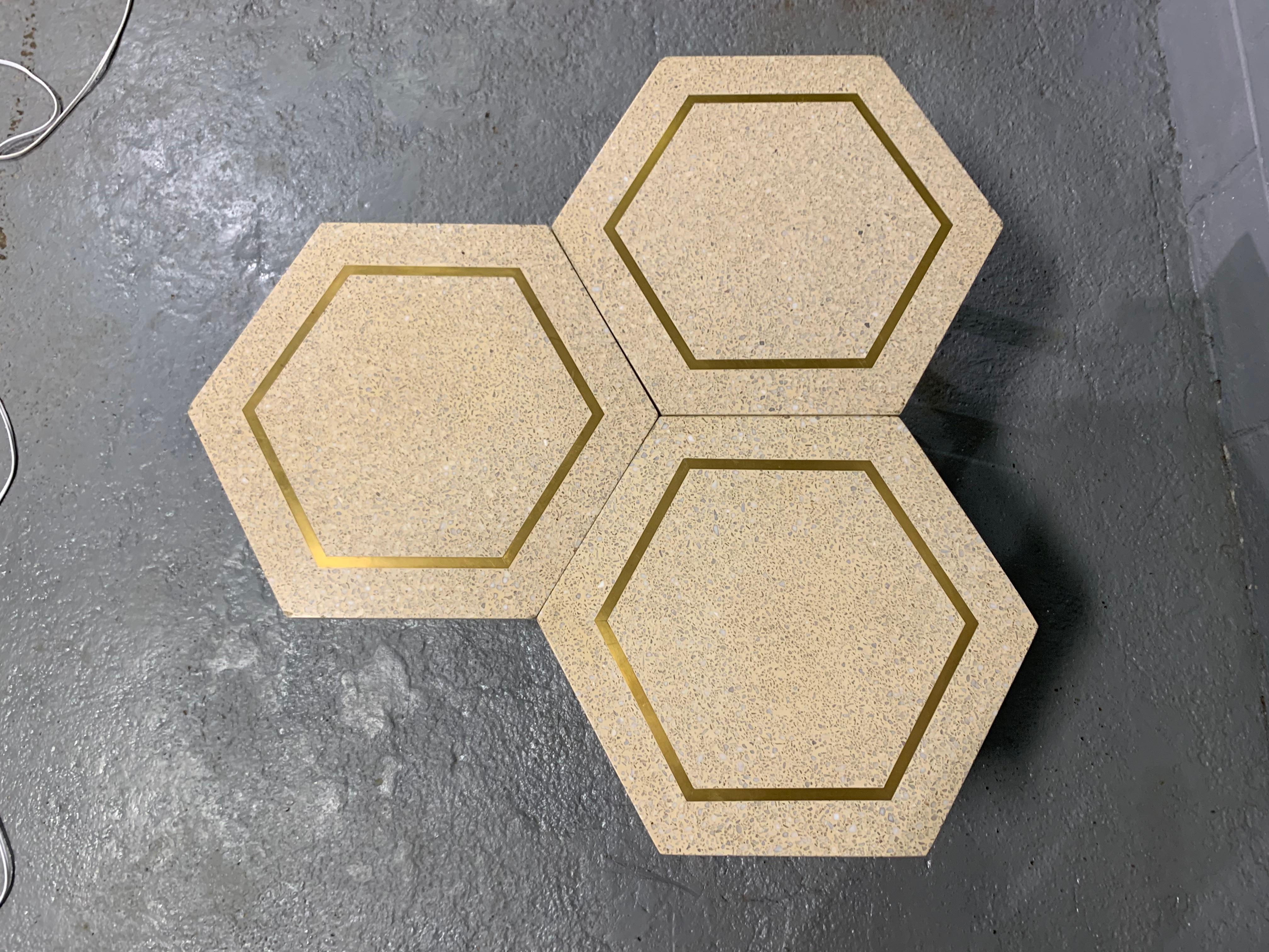 Hexagonal Side Table Set by Harvey Probber with Terrazzo Stone Top, Brass Inlay 1