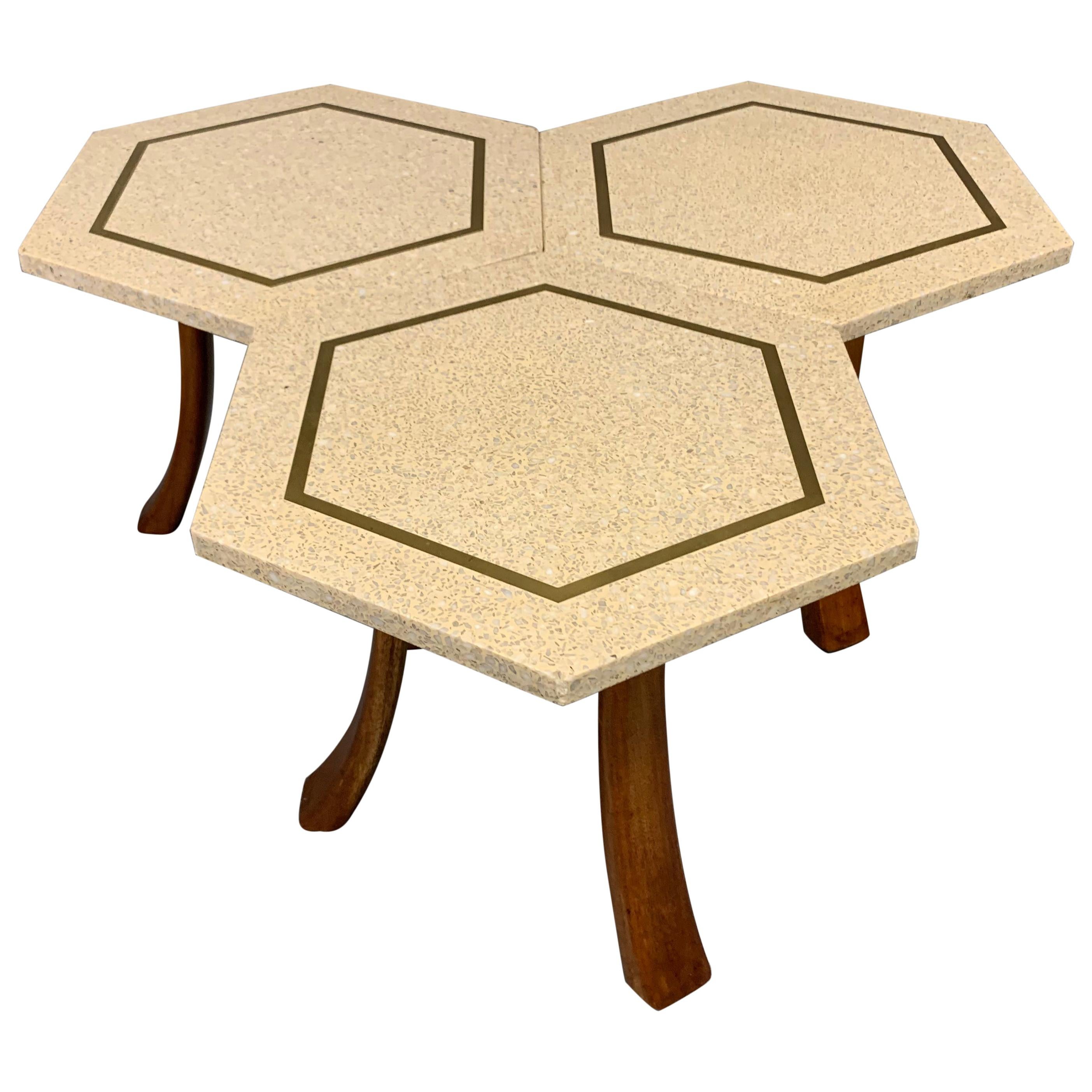 Hexagonal Side Table Set by Harvey Probber with Terrazzo Stone Top, Brass Inlay