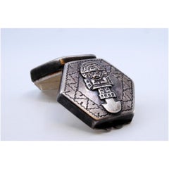 Hexagonal silver pill box with Aztec figure on the hinged lid