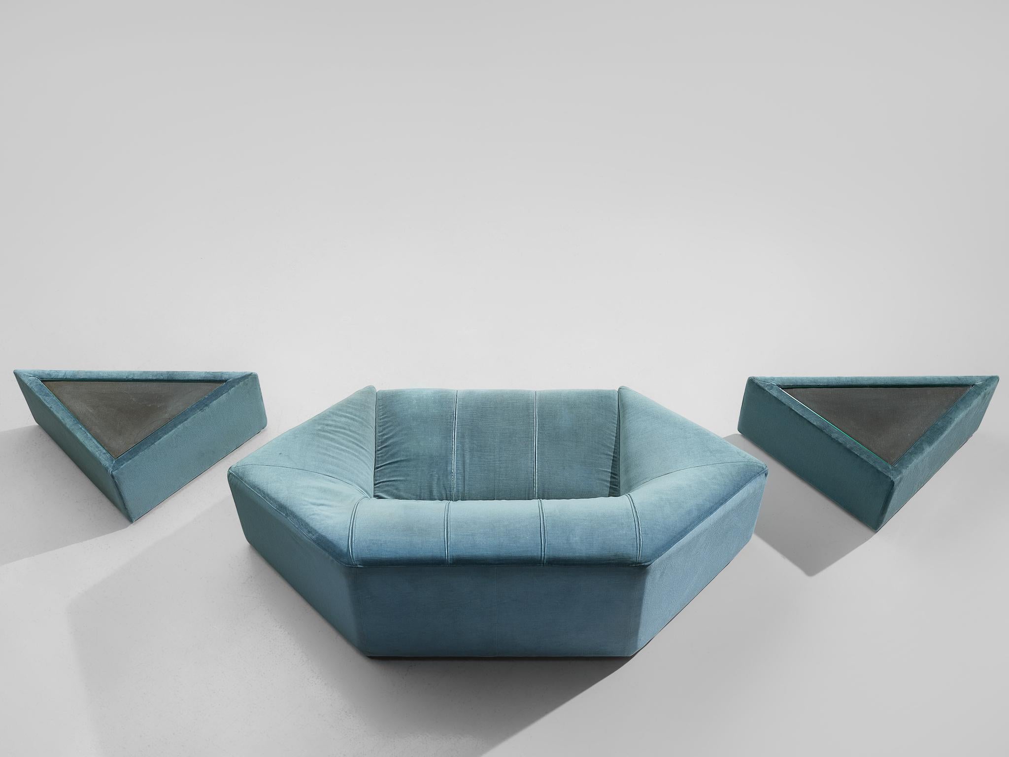 Mid-20th Century Hexagonal Sofa with Pair of Side Tables
