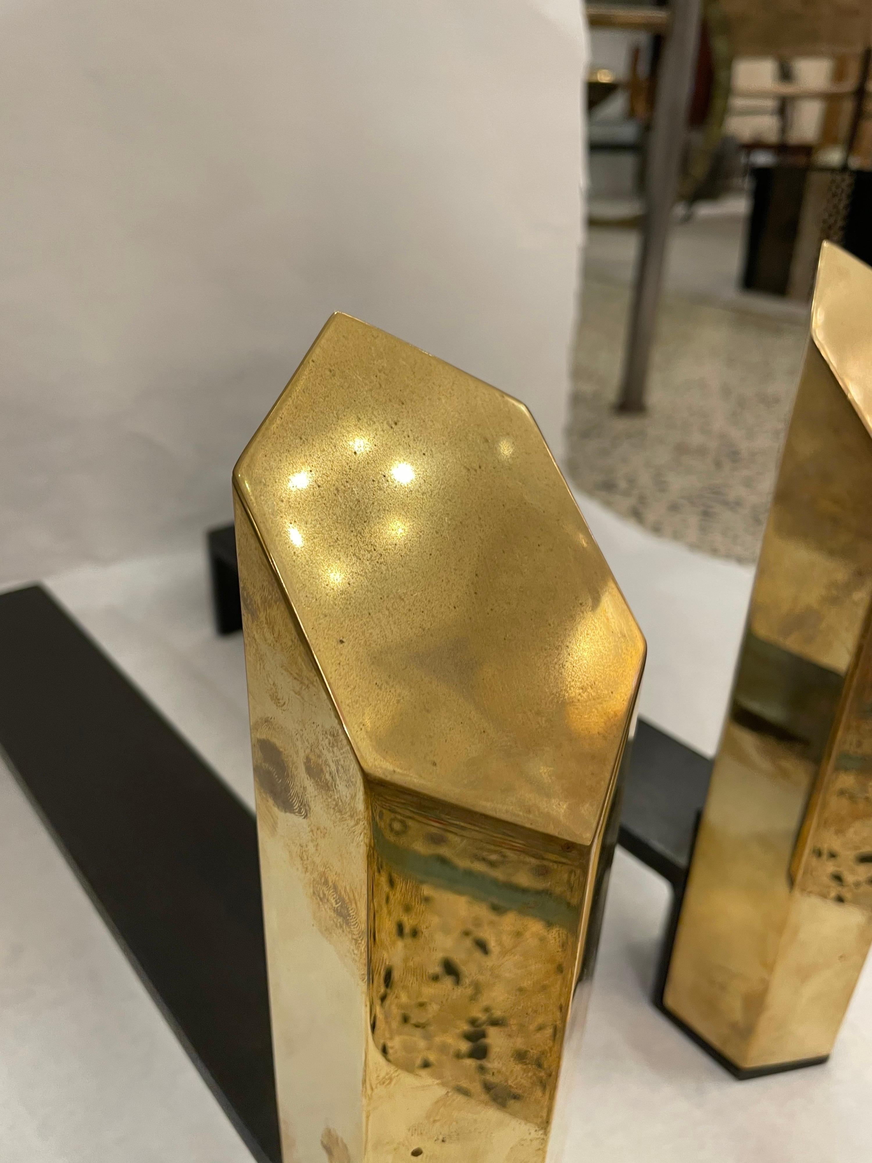 Hexagonal Solid Brass Andirons, Pair In Good Condition For Sale In East Hampton, NY