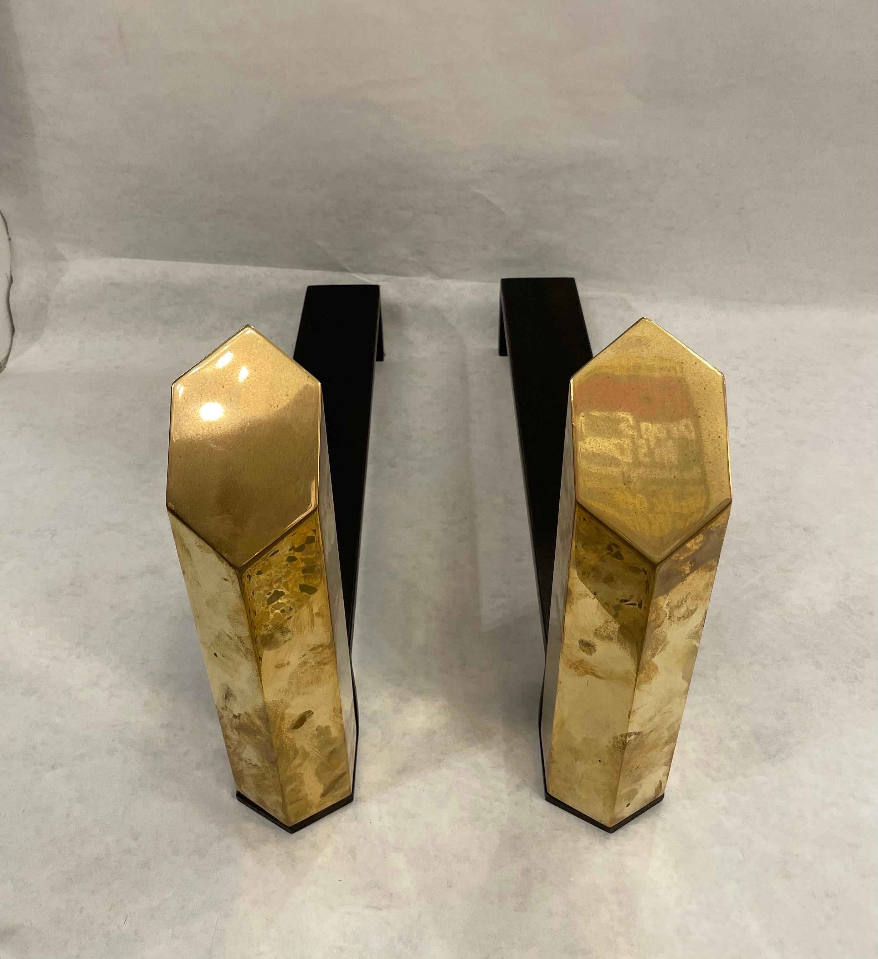 Contemporary Hexagonal Solid Brass Andirons, Pair For Sale