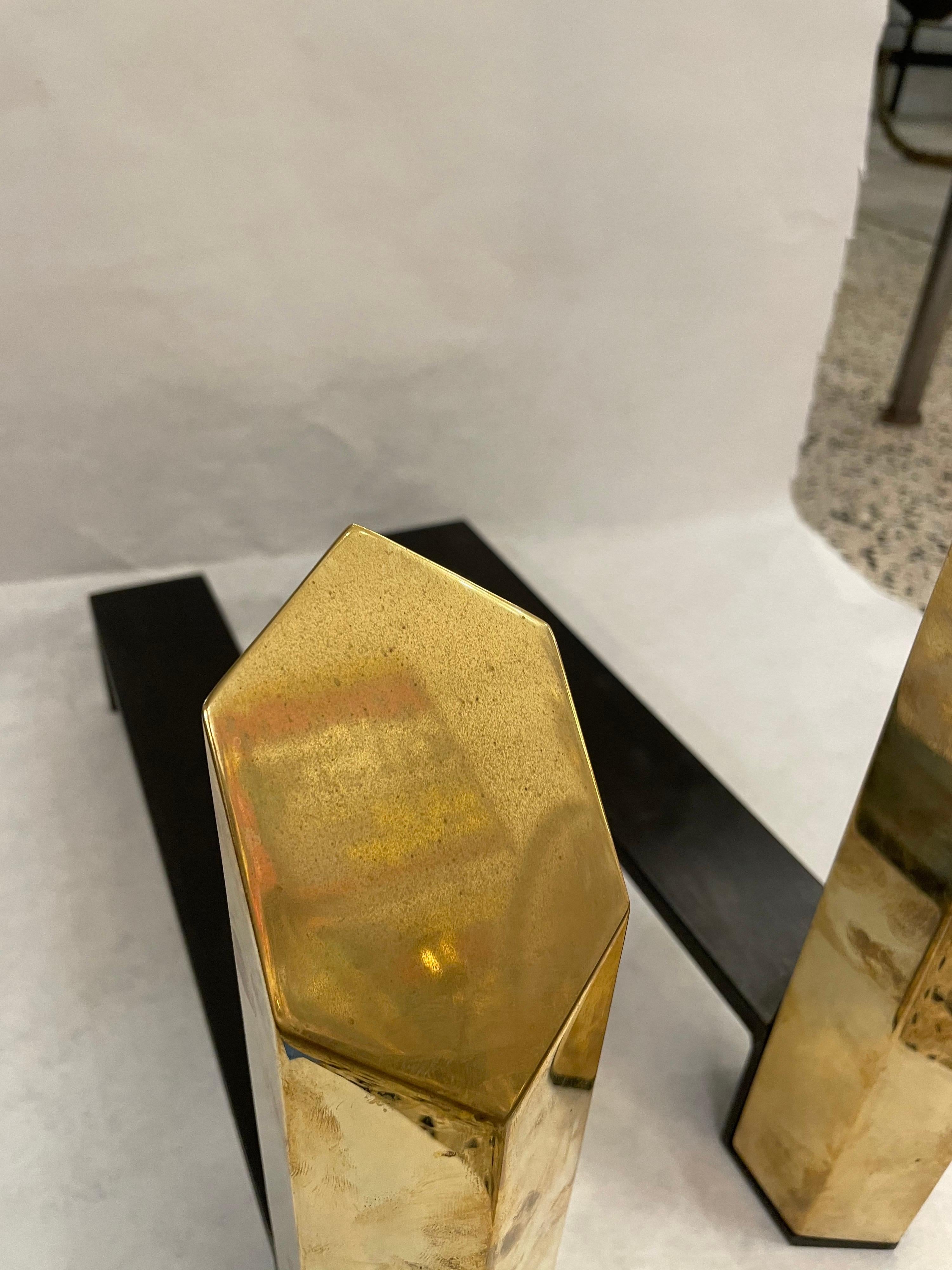 Metal Hexagonal Solid Brass Andirons, Pair For Sale