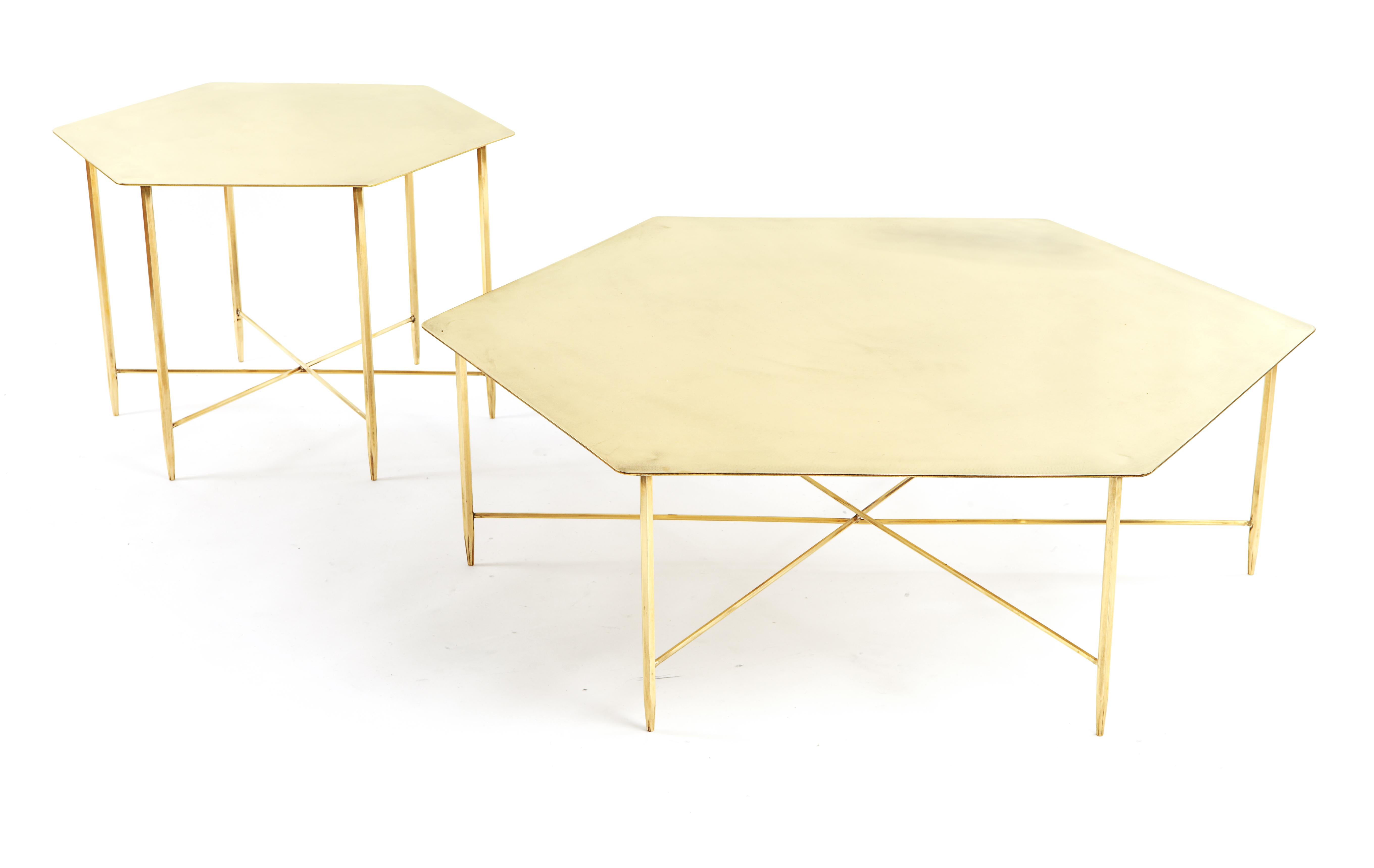 Modern Hexagonal Solid Brass Coffee Table with Hexagonal Profile Legs For Sale