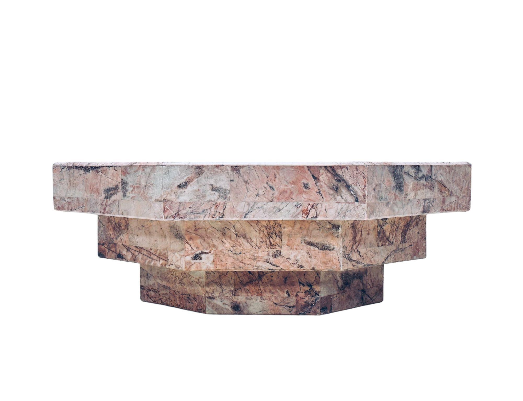 Hexagonal stacked pink marble coffee table, Italy 1970.