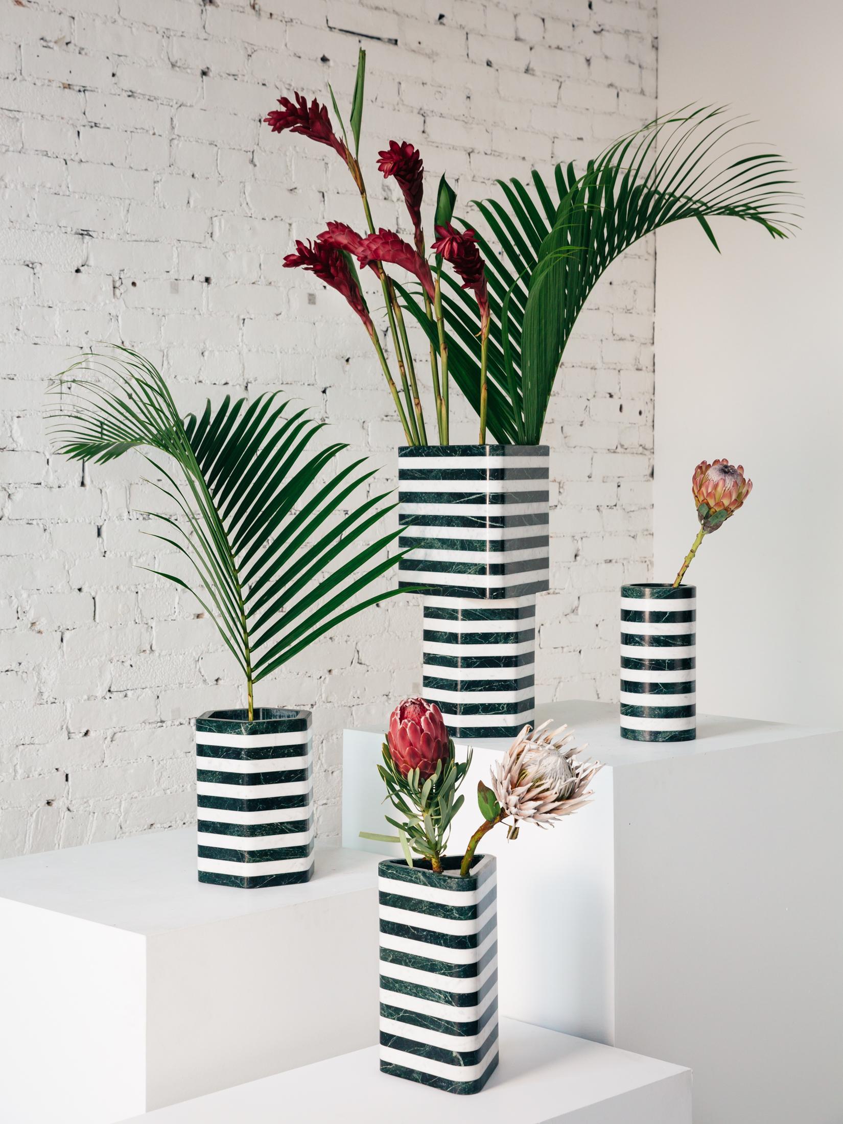 This hexagonal green and white marble vessel is a part of the debut collection of Stacked Stone Vessels. This collection marks the beginning of a larger series of sculptural objects exploring the use of lamination, pushing natural materials beyond