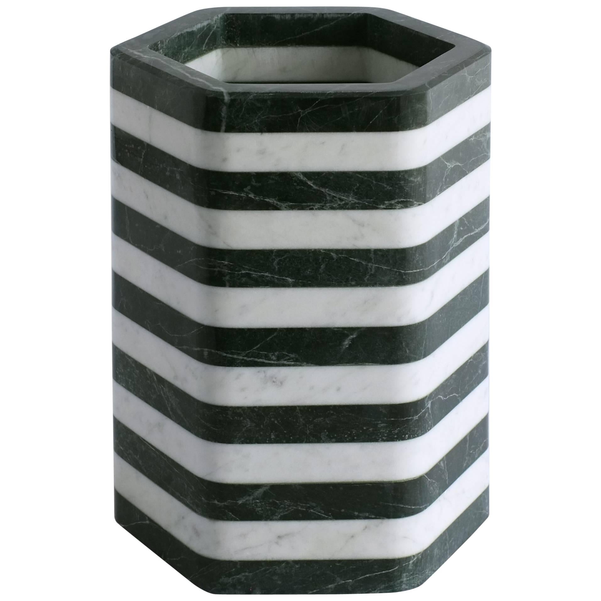 Contemporary Hexagonal Stacked Stone Vessel in Marble by Fort Standard, in Stock