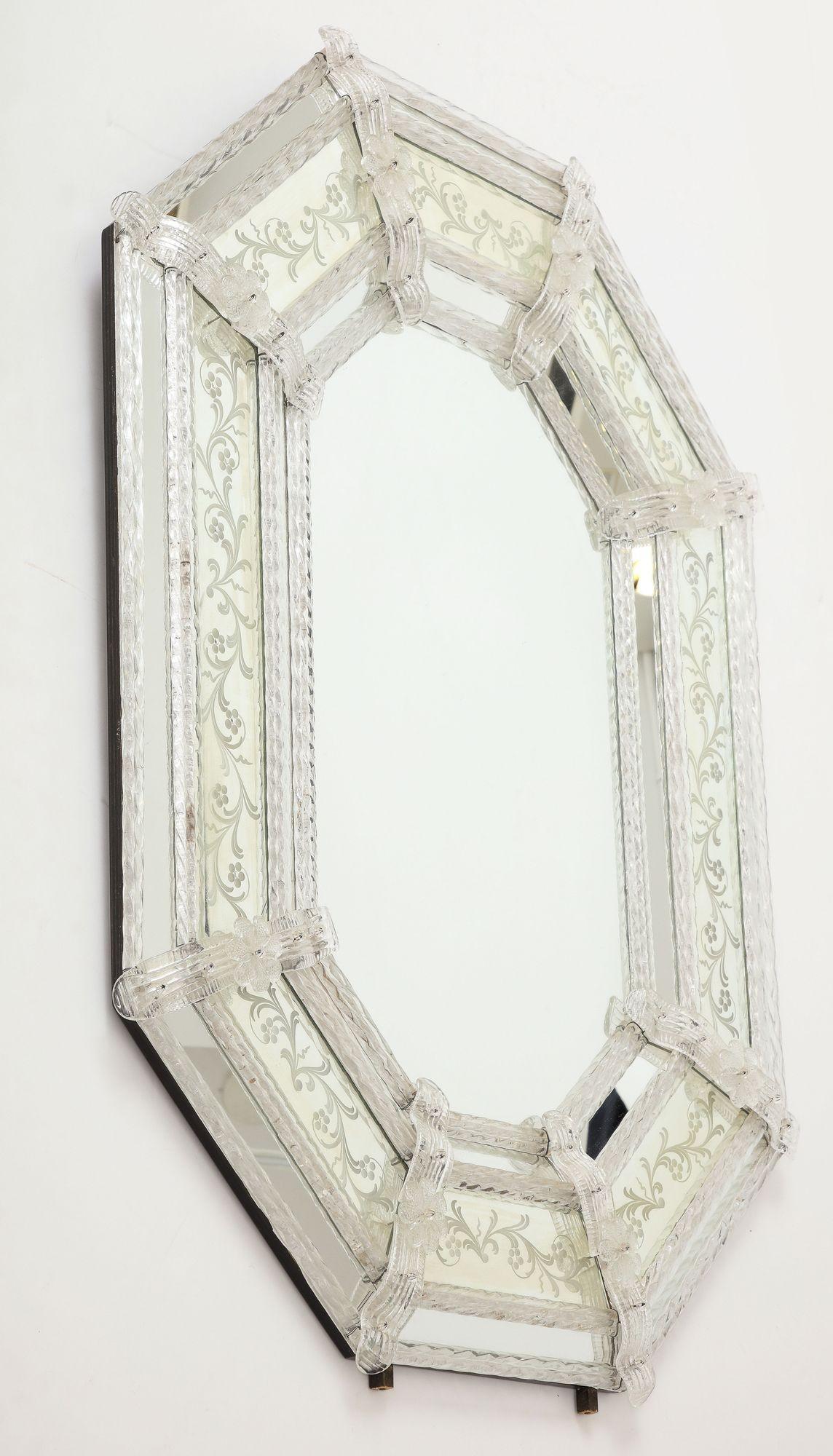 French Venetian Hexagonal Shape Wall  Mirror. With Wide Border Etched Design  For Sale